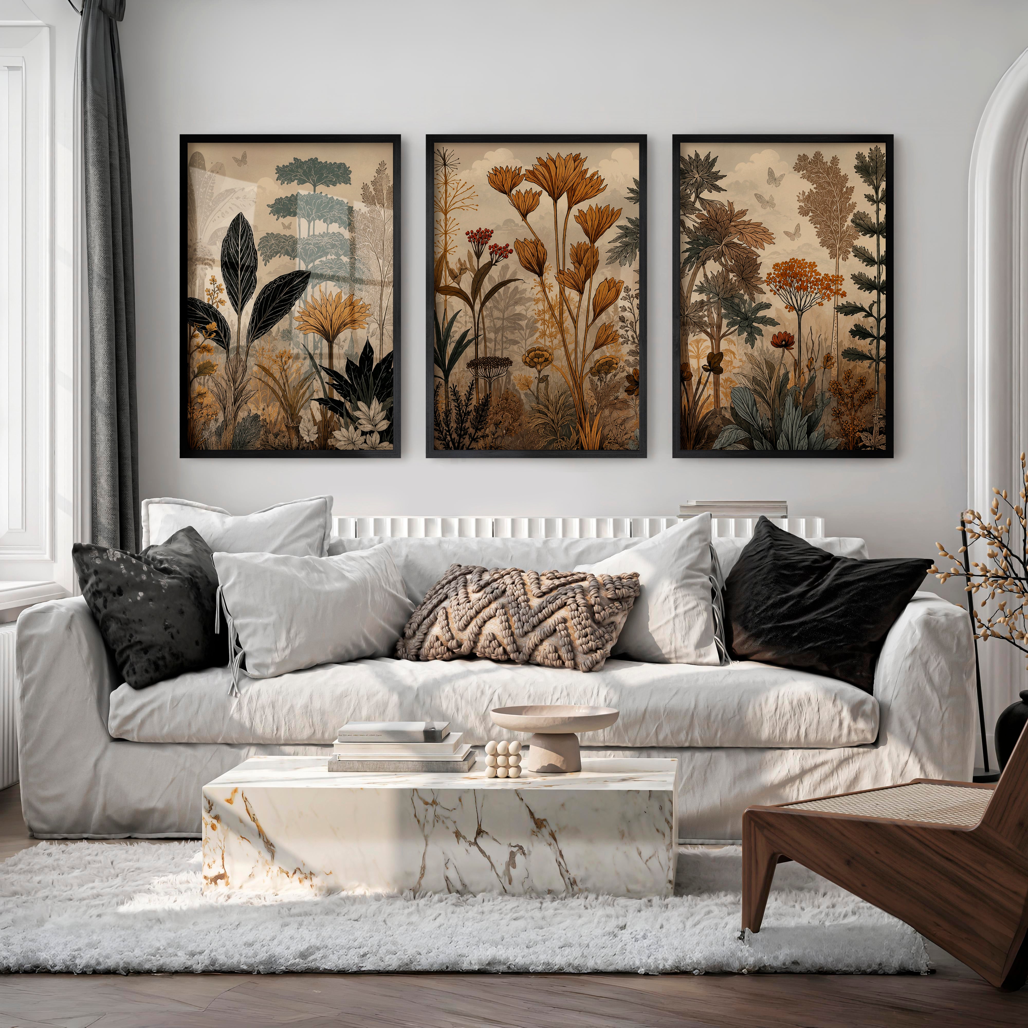 Golden Botanical Japandi Style Decor Wall Art - Black Framed Poster No Border - Artworksets
