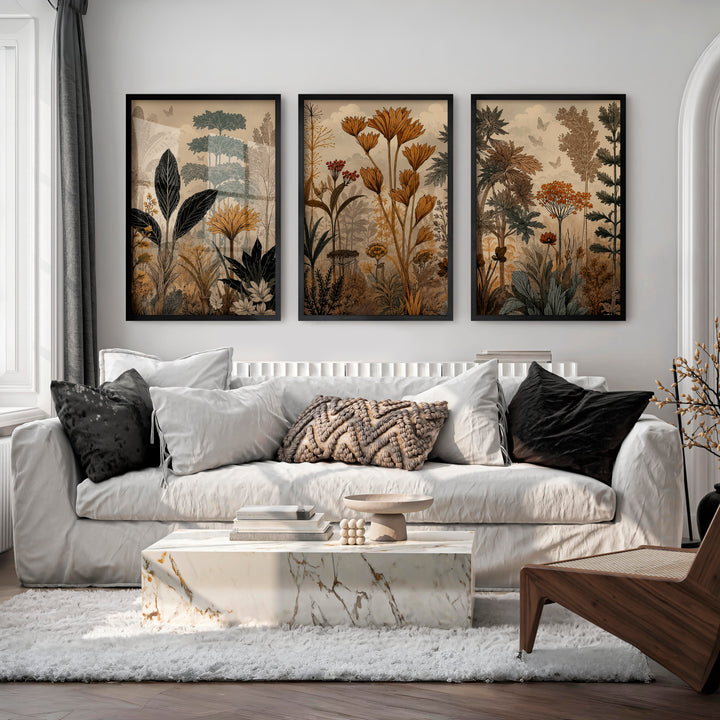Golden Botanical Japandi Style Decor Wall Art - Black Framed Poster No Border - Artworksets