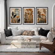 Golden Botanical Japandi Style Decor Wall Art - Black Framed Poster with White Border - Artworksets