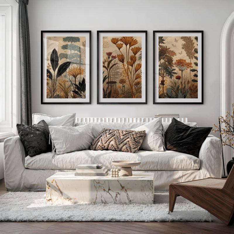 Golden Botanical Japandi Style Decor Wall Art - Black Framed Poster with White Border - Artworksets