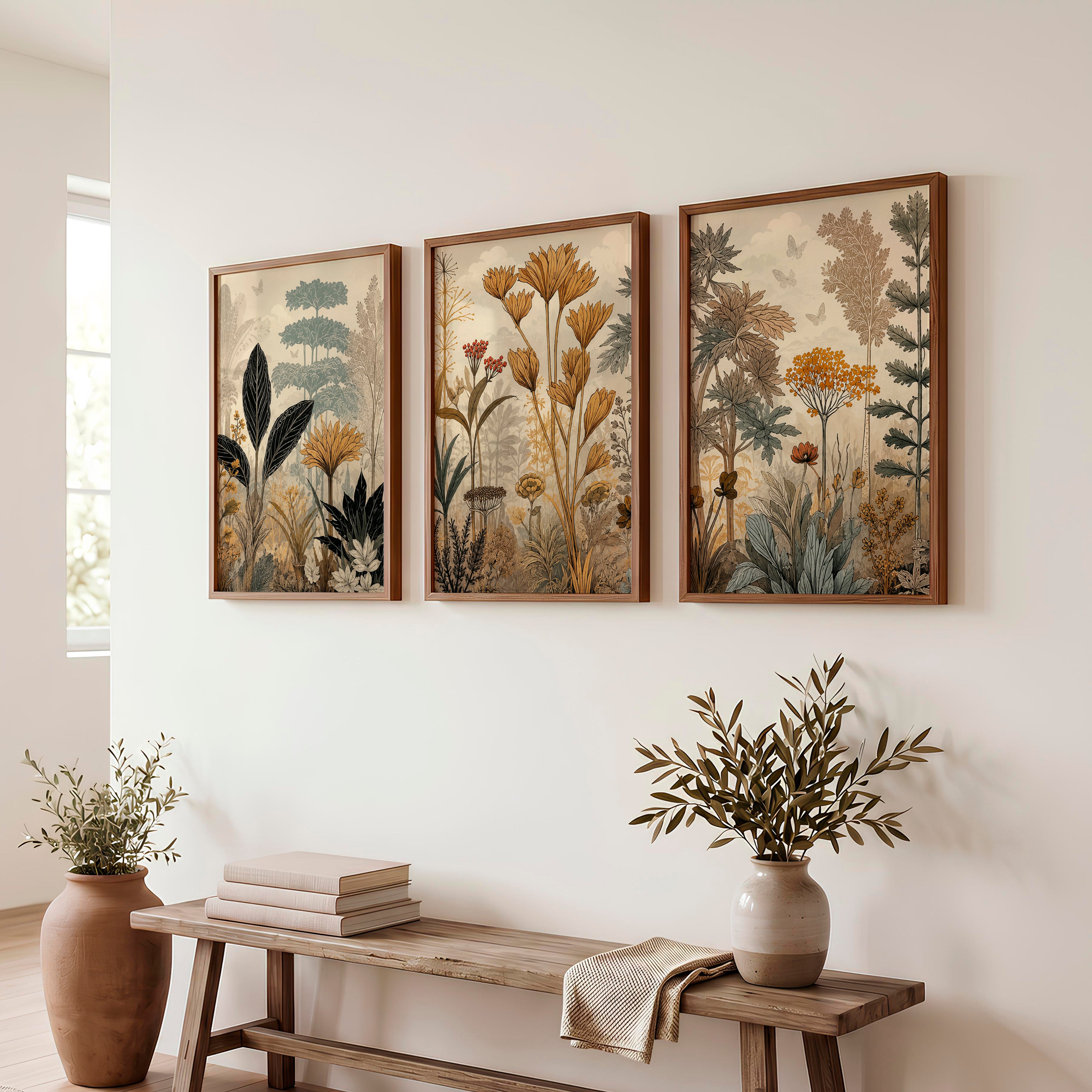 Golden Botanical Japandi Style Decor Wall Art - Dark Brown Framed Poster No Border - Artworksets