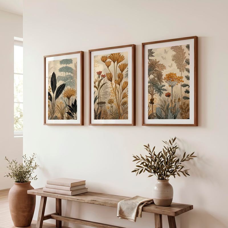 Golden Botanical Japandi Style Decor Wall Art - Dark Brown Framed Poster with White Border - Artworksets