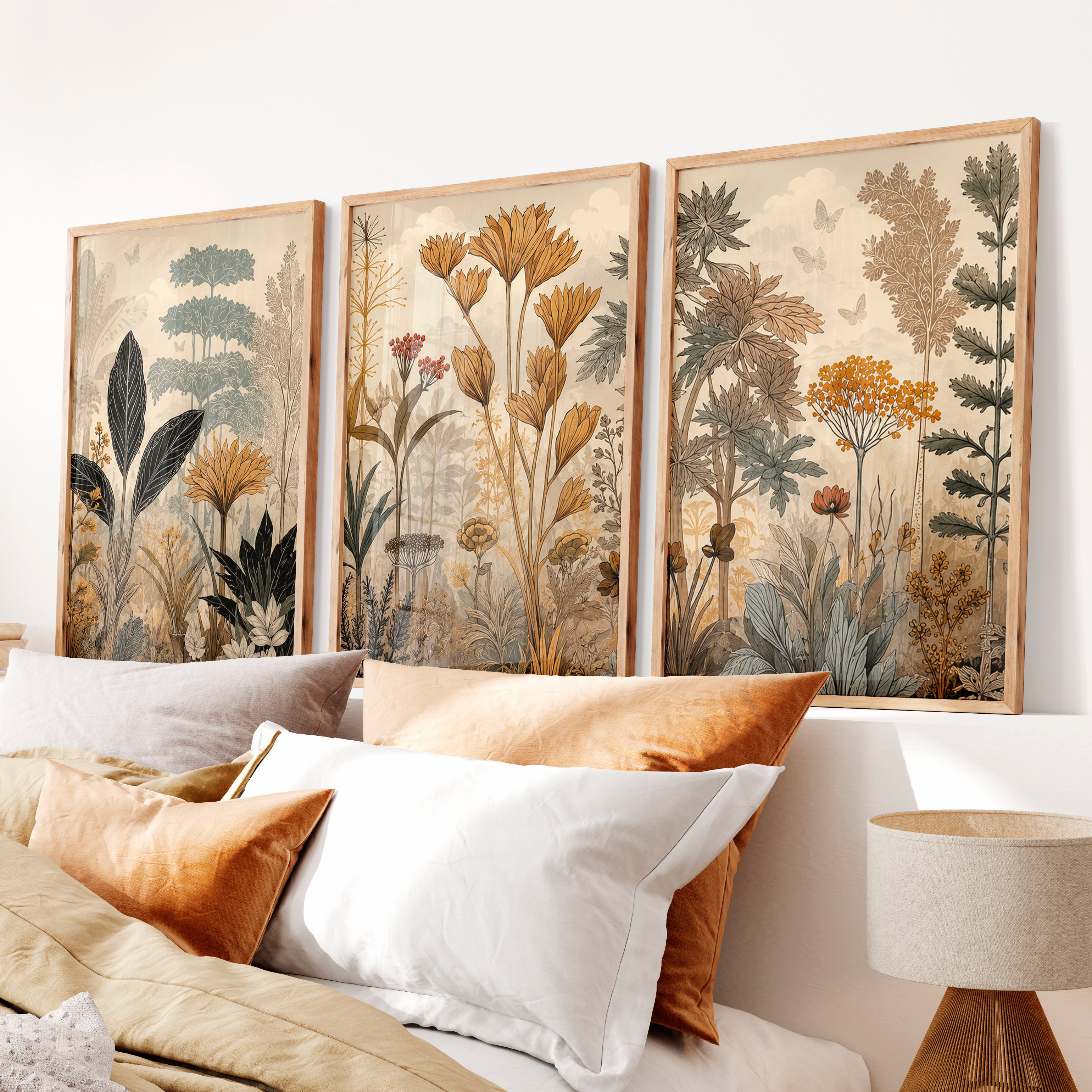 Golden Botanical Japandi Style Decor Wall Art - Natural Wood Framed Poster No Border - Artworksets