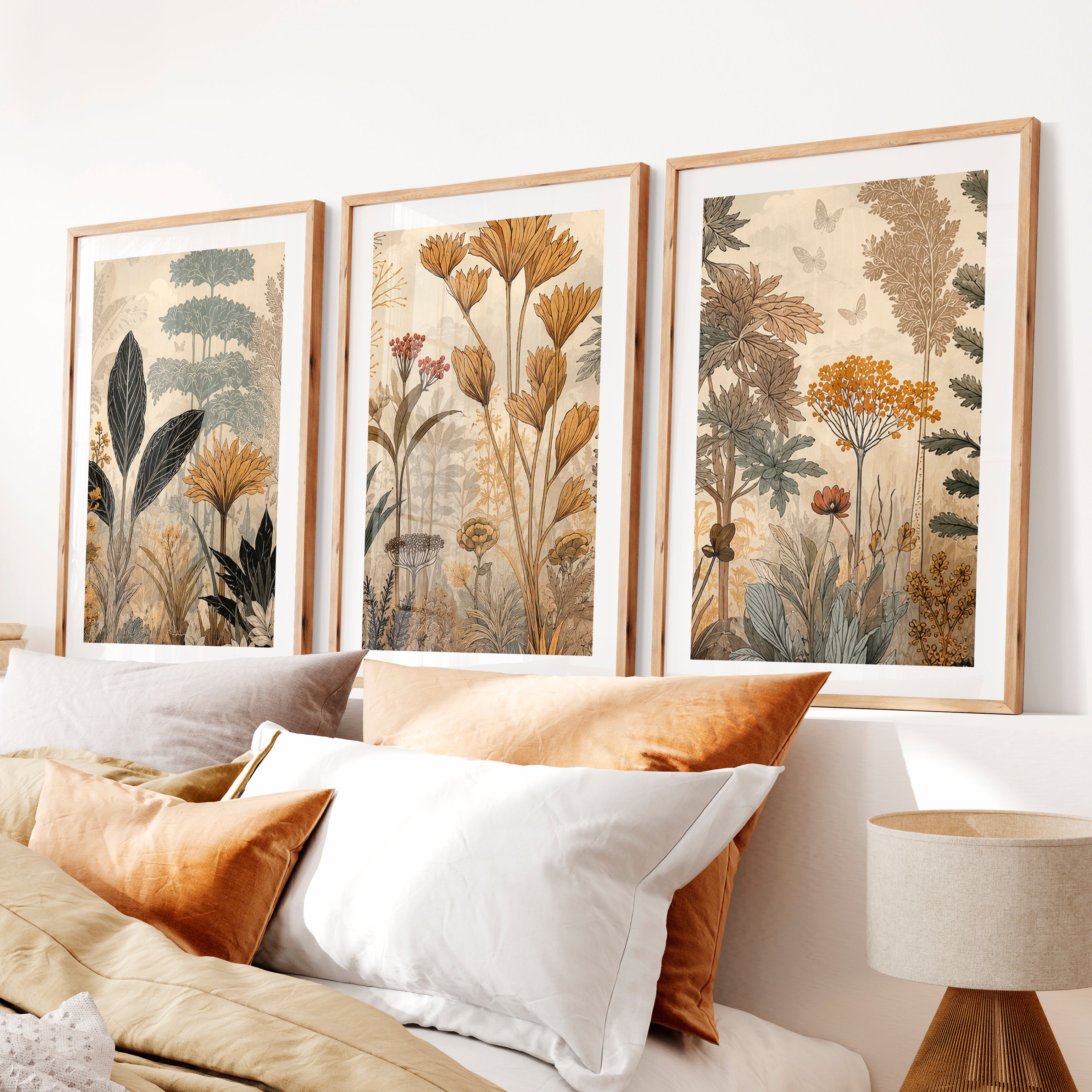 Golden Botanical Japandi Style Decor Wall Art- Natural Wood Framed Poster with White Border - Artworksets