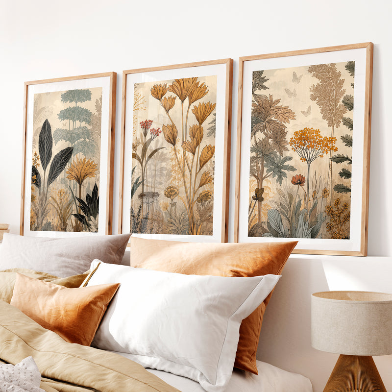 Golden Botanical Japandi Style Decor Wall Art- Natural Wood Framed Poster with White Border - Artworksets