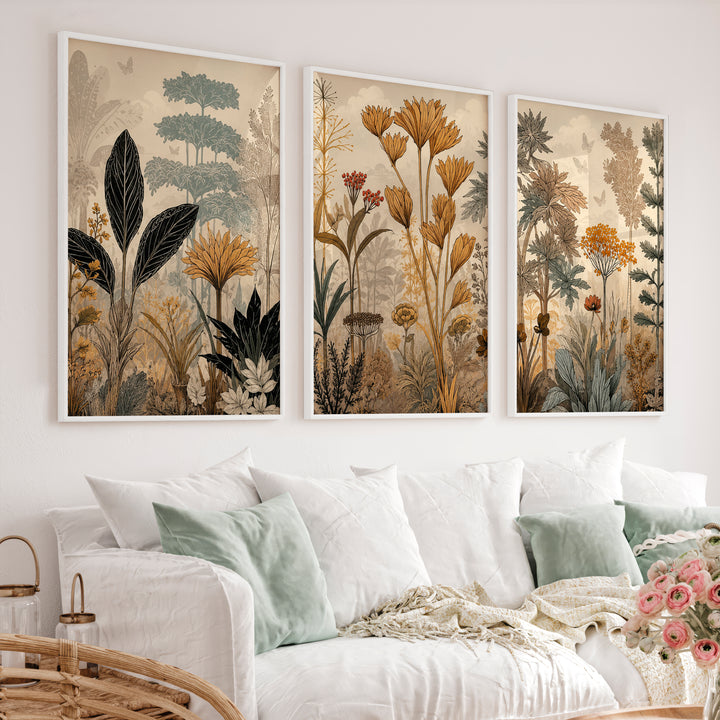 Golden Botanical Japandi Style Decor Wall Art - White Framed Poster No Border - Artworksets