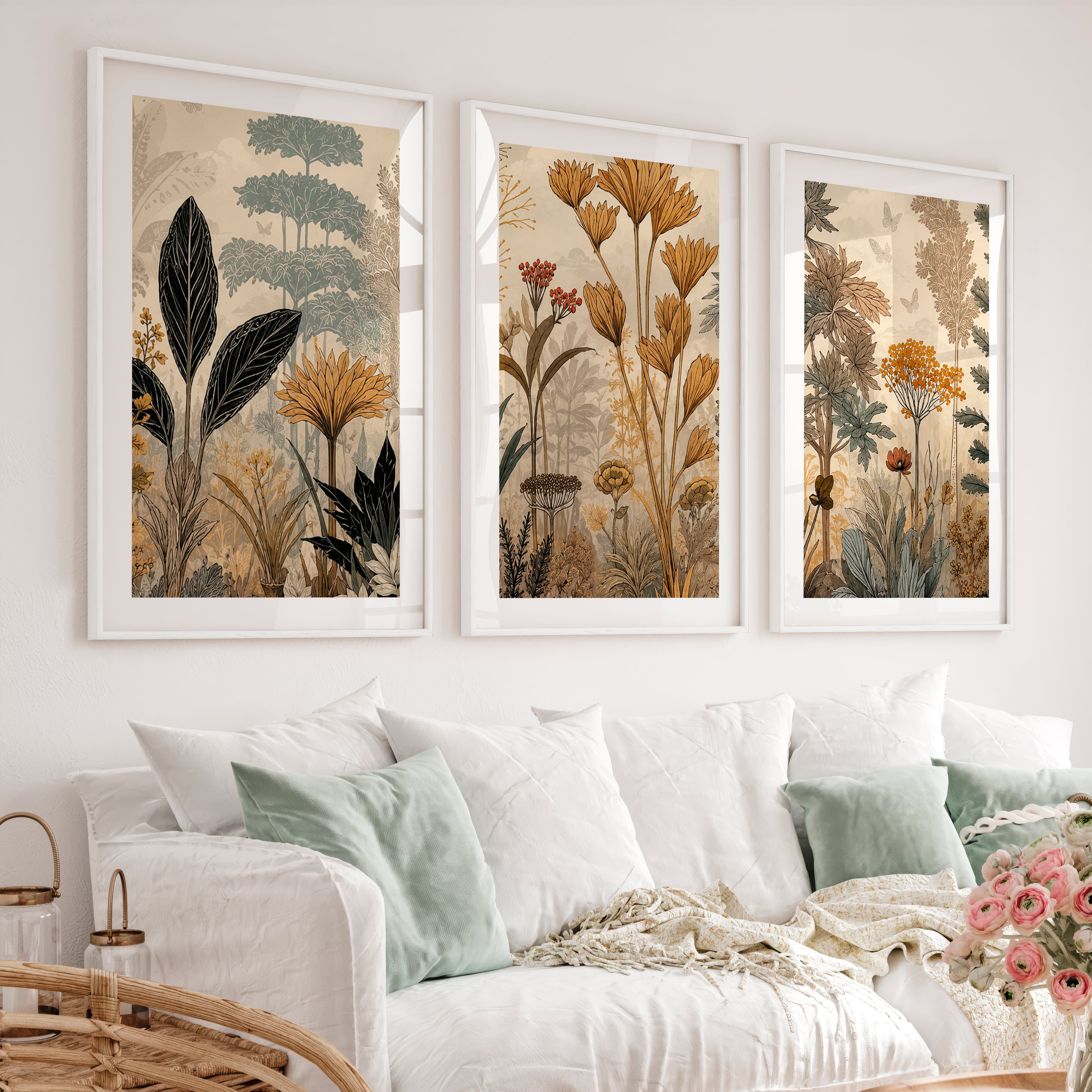 Golden Botanical Japandi Style Decor Wall Art - White Framed Poster with White Border - Artworksets