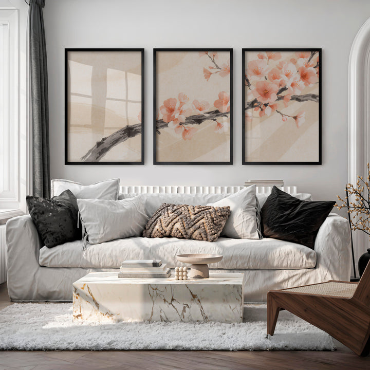 Cherry Blossom Branch in Japandi Style Decor - Black Framed Poster No Border - Artworksets