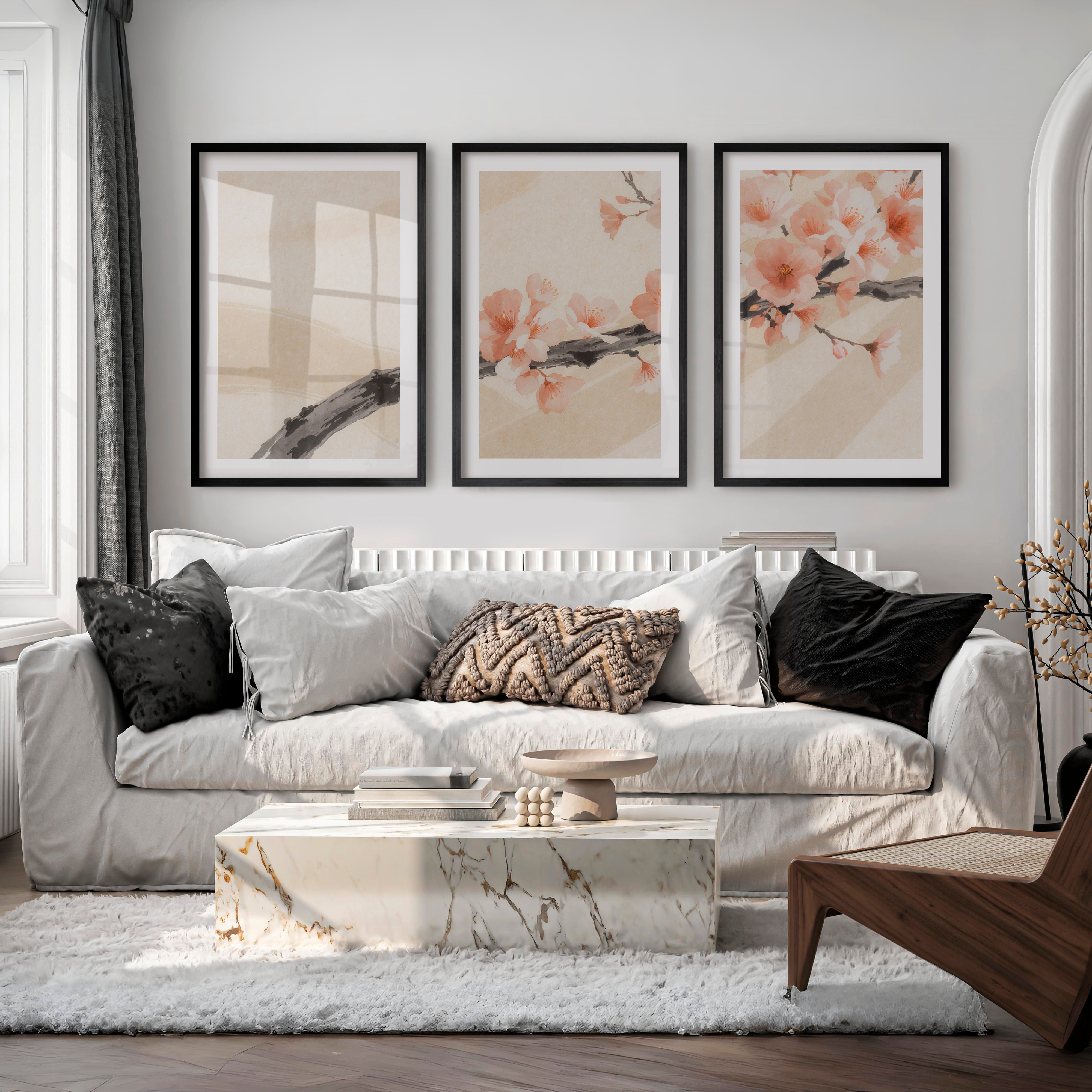 Cherry Blossom Branch in Japandi Style Decor - Black Framed Poster with White Border - Artworksets