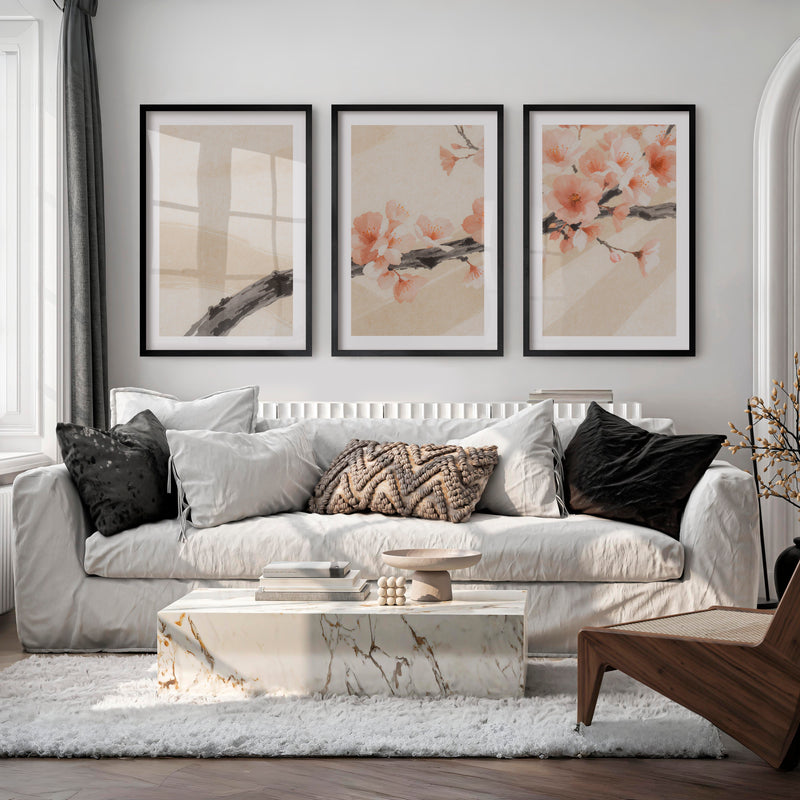 Cherry Blossom Branch in Japandi Style Decor - Black Framed Poster with White Border - Artworksets