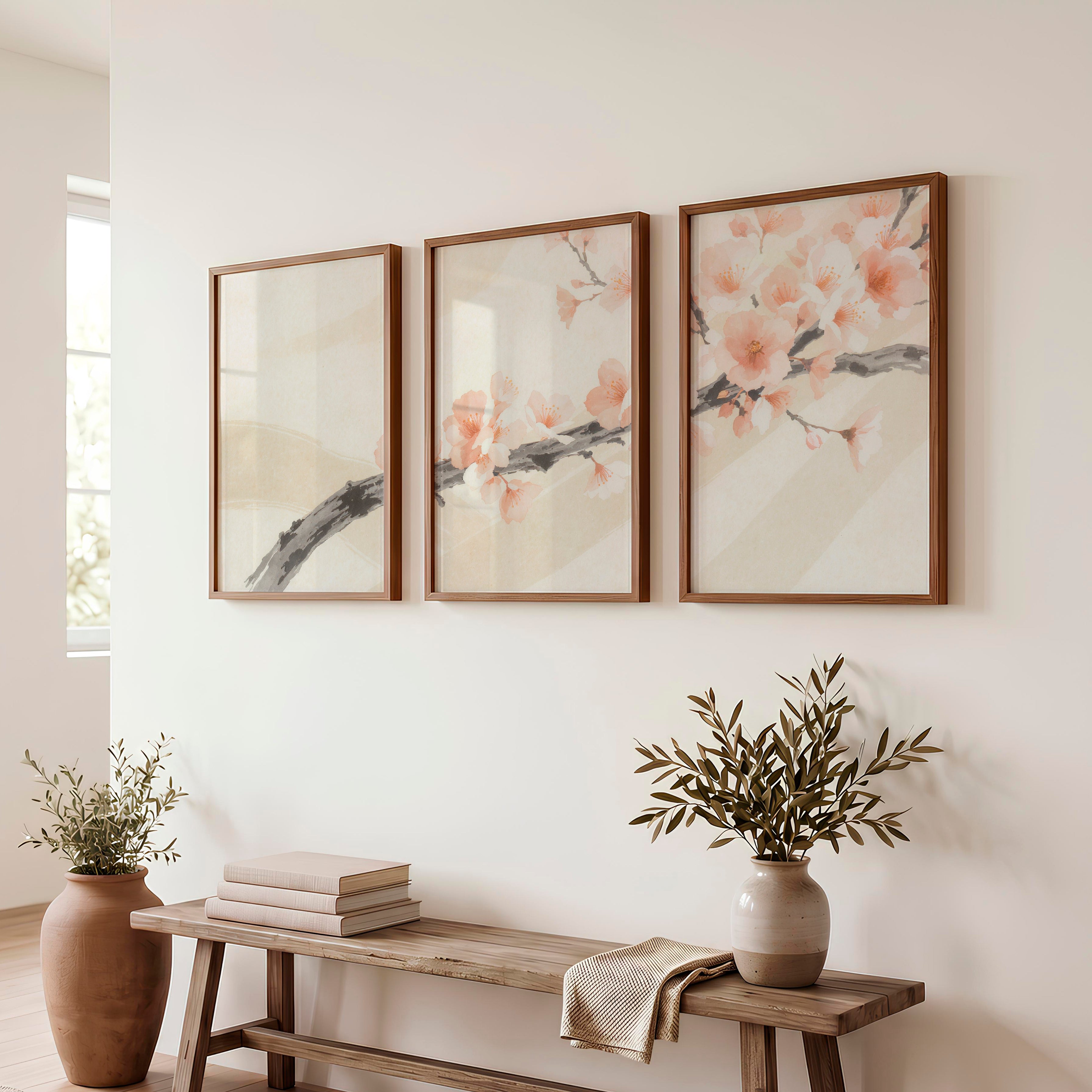 Cherry Blossom Branch in Japandi Style Decor - Dark Brown Framed Poster No Border - Artworksets