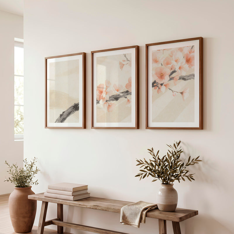 Cherry Blossom Branch in Japandi Style Decor - Dark Brown Framed Poster with White Border - Artworksets