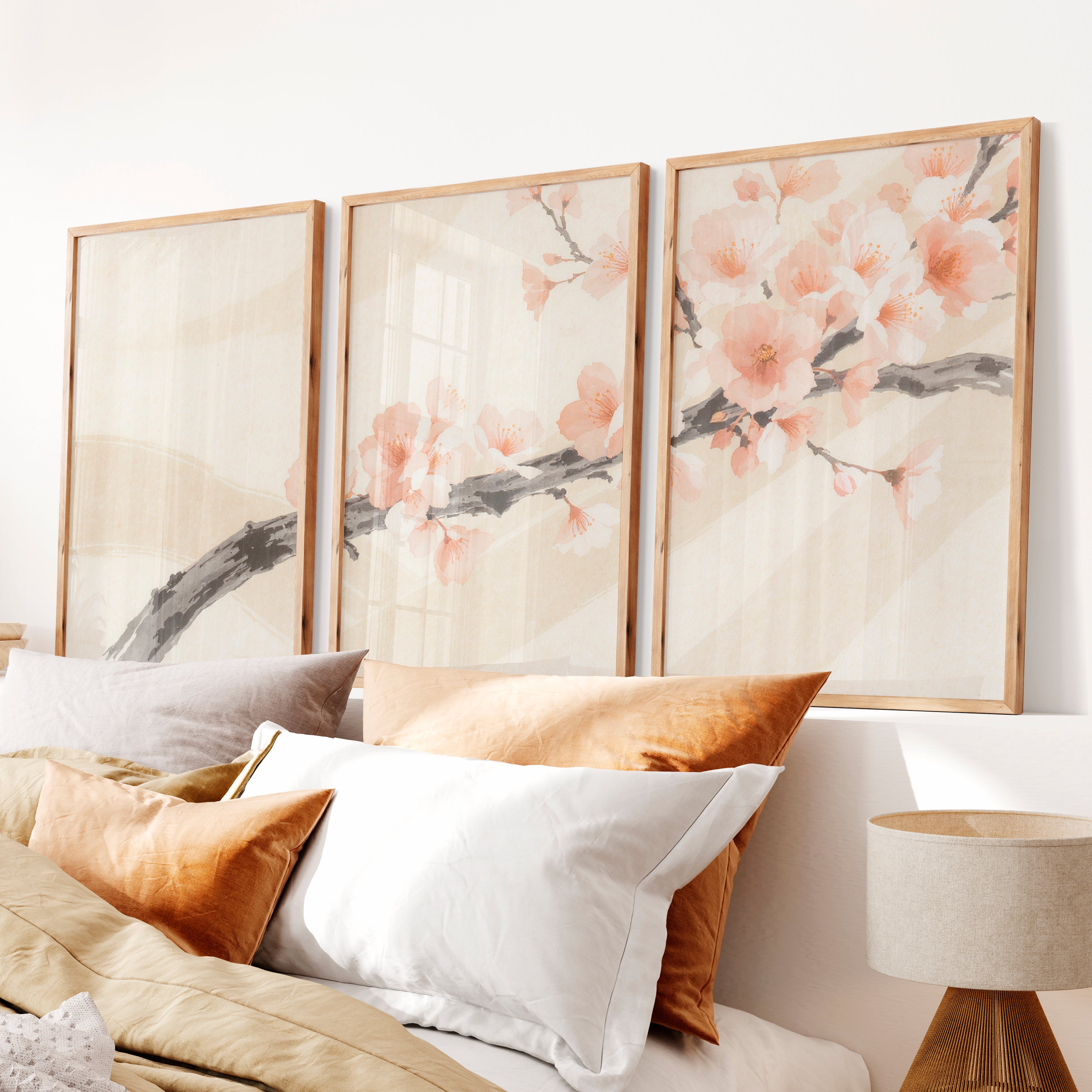 Cherry Blossom Branch in Japandi Style Decor - Natural Wood Framed Poster No Border - Artworksets