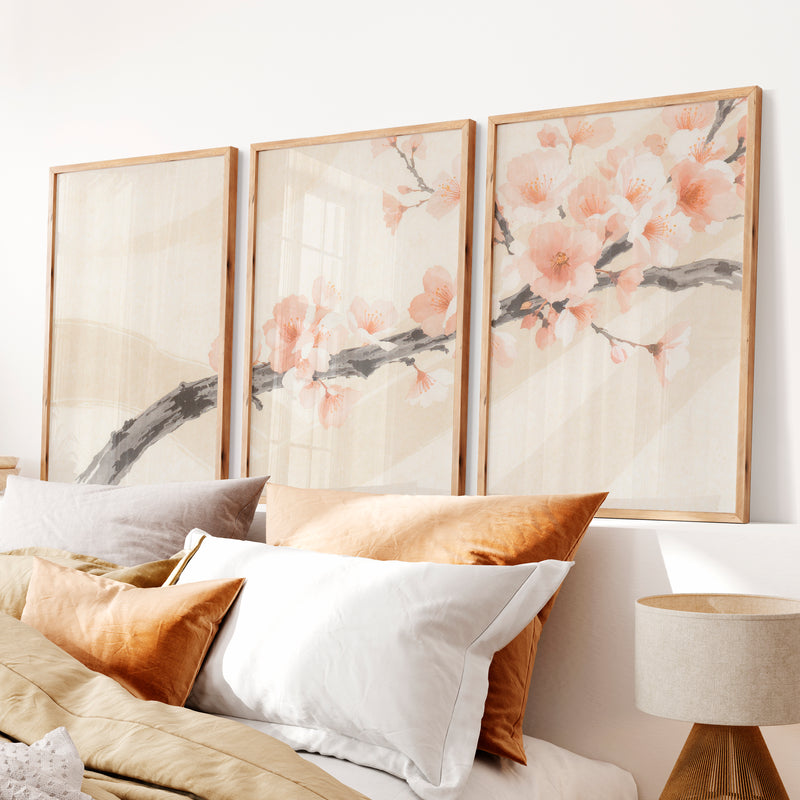Cherry Blossom Branch in Japandi Style Decor - Natural Wood Framed Poster No Border - Artworksets