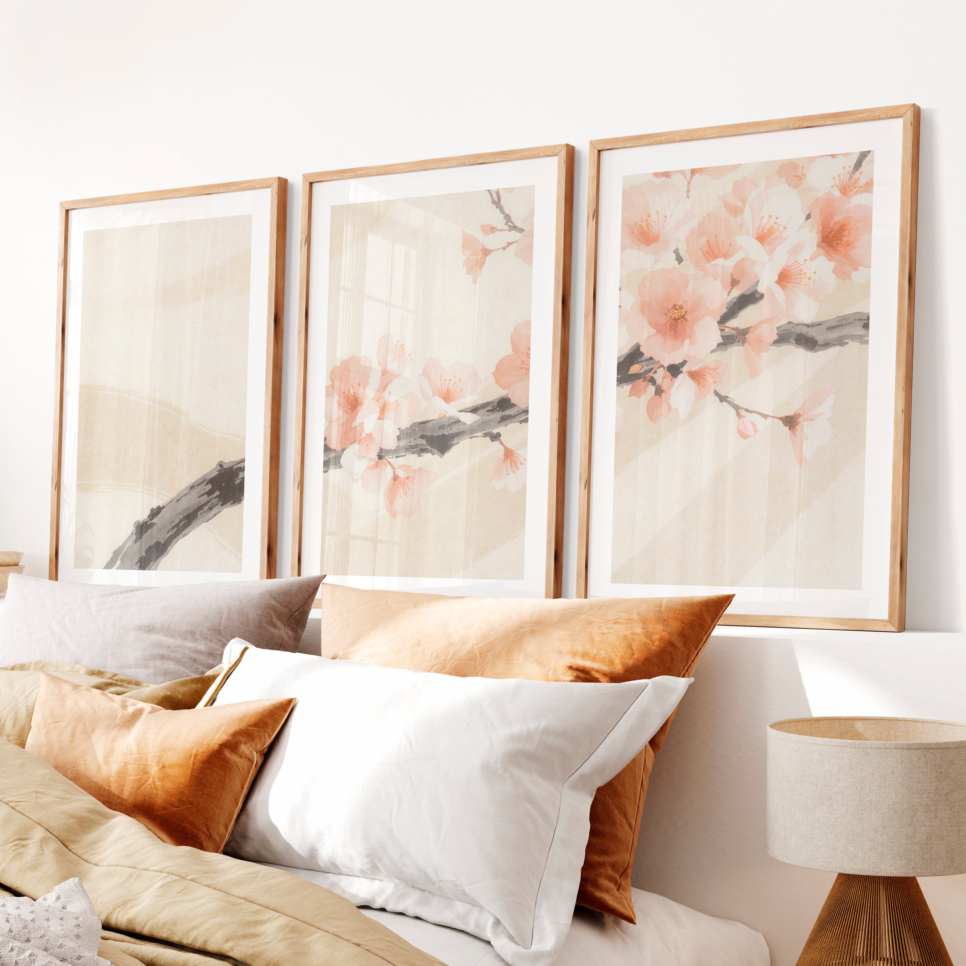Cherry Blossom Branch in Japandi Style Decor- Natural Wood Framed Poster with White Border - Artworksets
