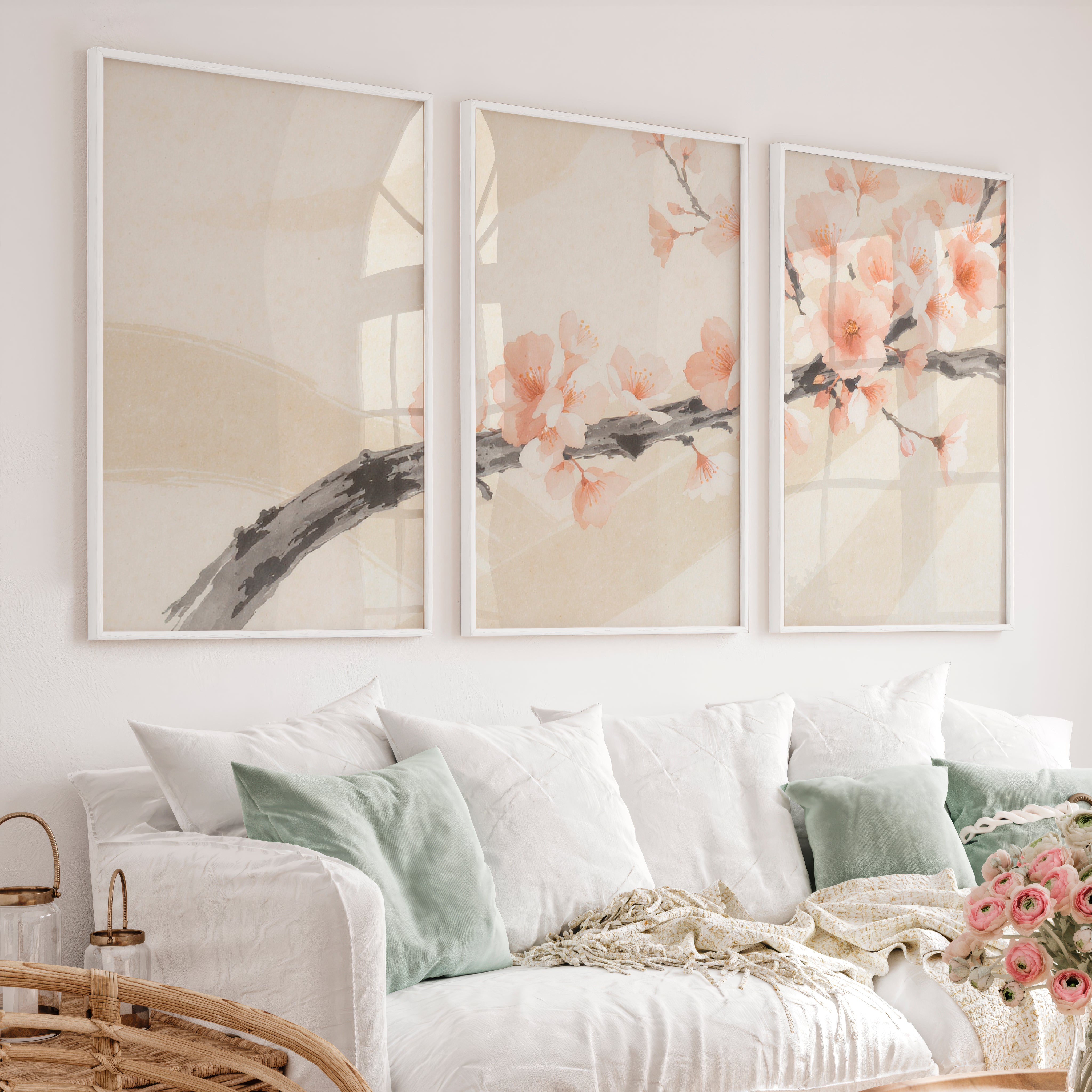 Cherry Blossom Branch in Japandi Style Decor - White Framed Poster No Border - Artworksets