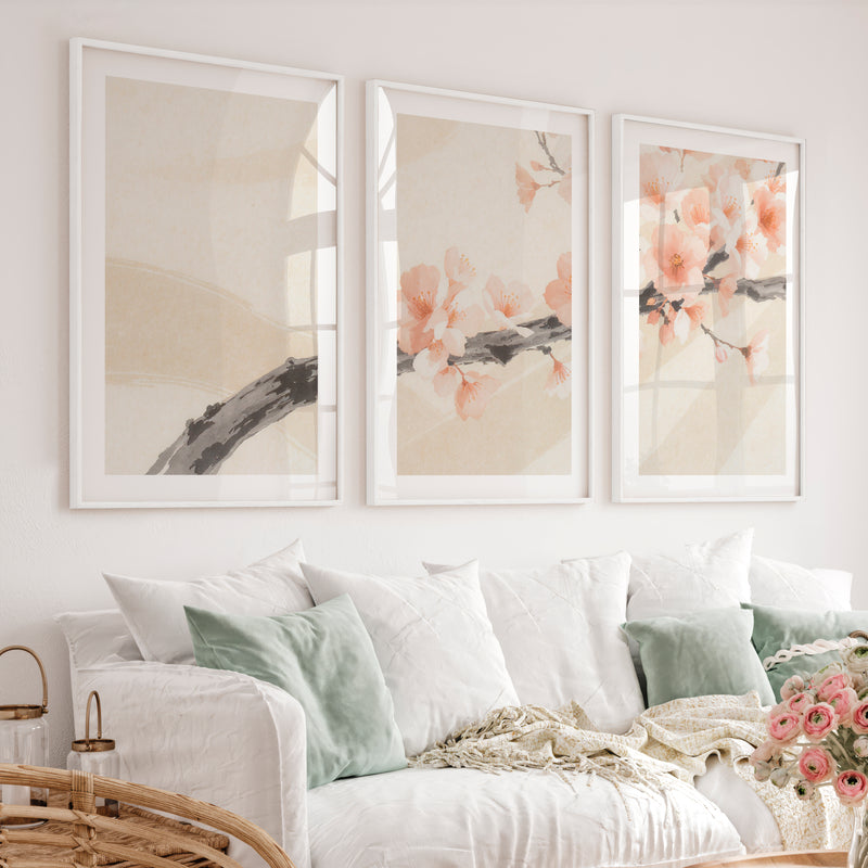Cherry Blossom Branch in Japandi Style Decor - White Framed Poster with White Border - Artworksets
