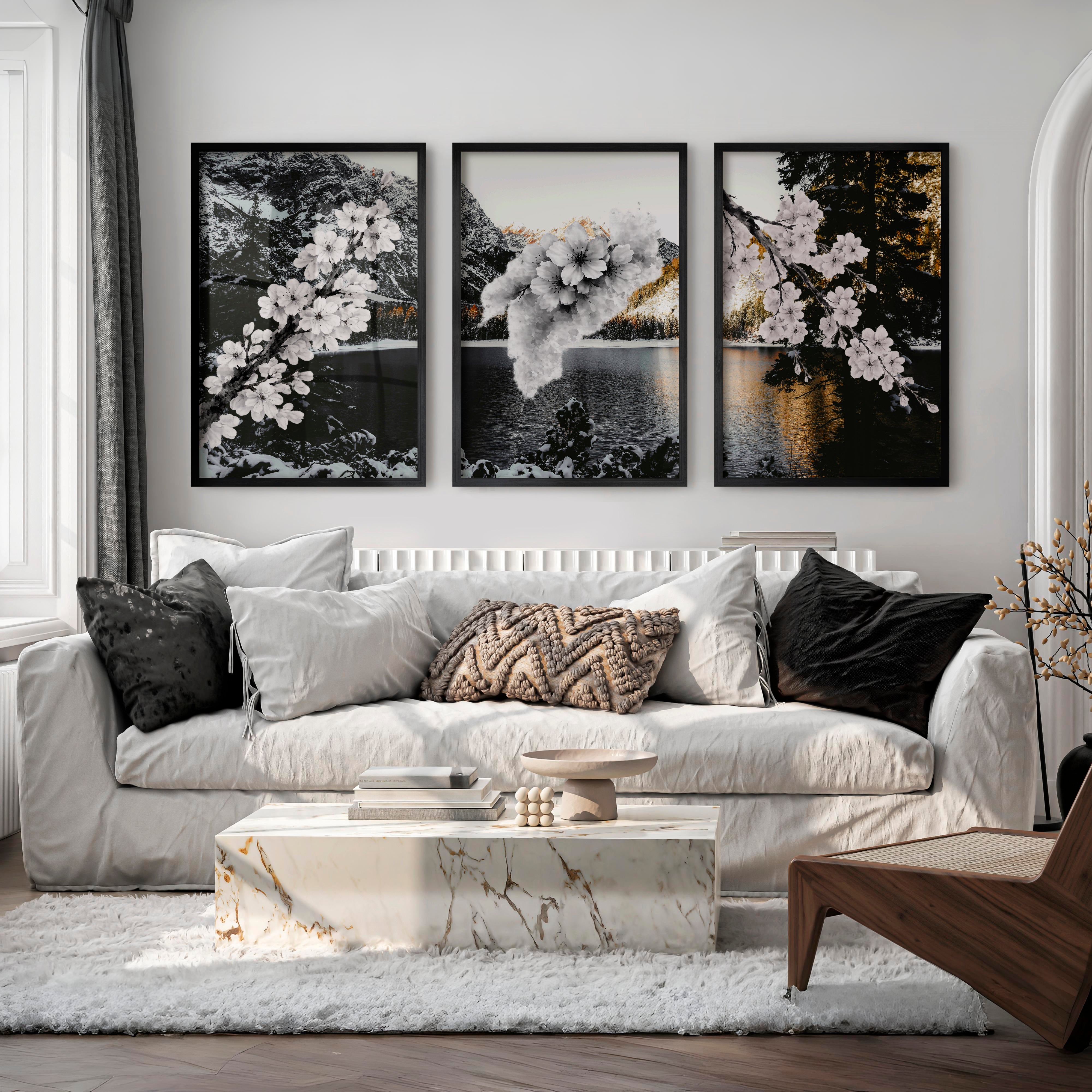 Cherry Blossom Branches japandi style decor - Black Framed Poster No Border - Artworksets