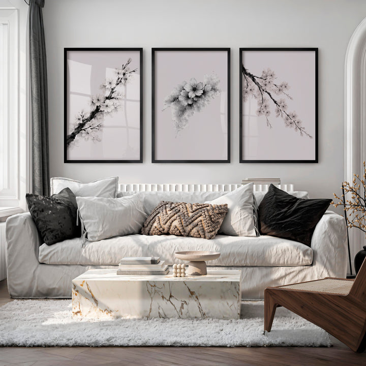 Cherry Blossom Branches japandi style decor - Black Framed Poster No Border - Artworksets
