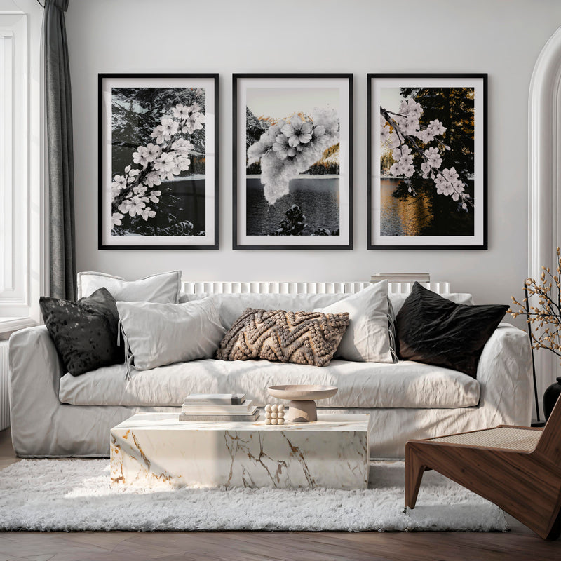 Cherry Blossom Branches japandi style decor - Black Framed Poster with White Border - Artworksets