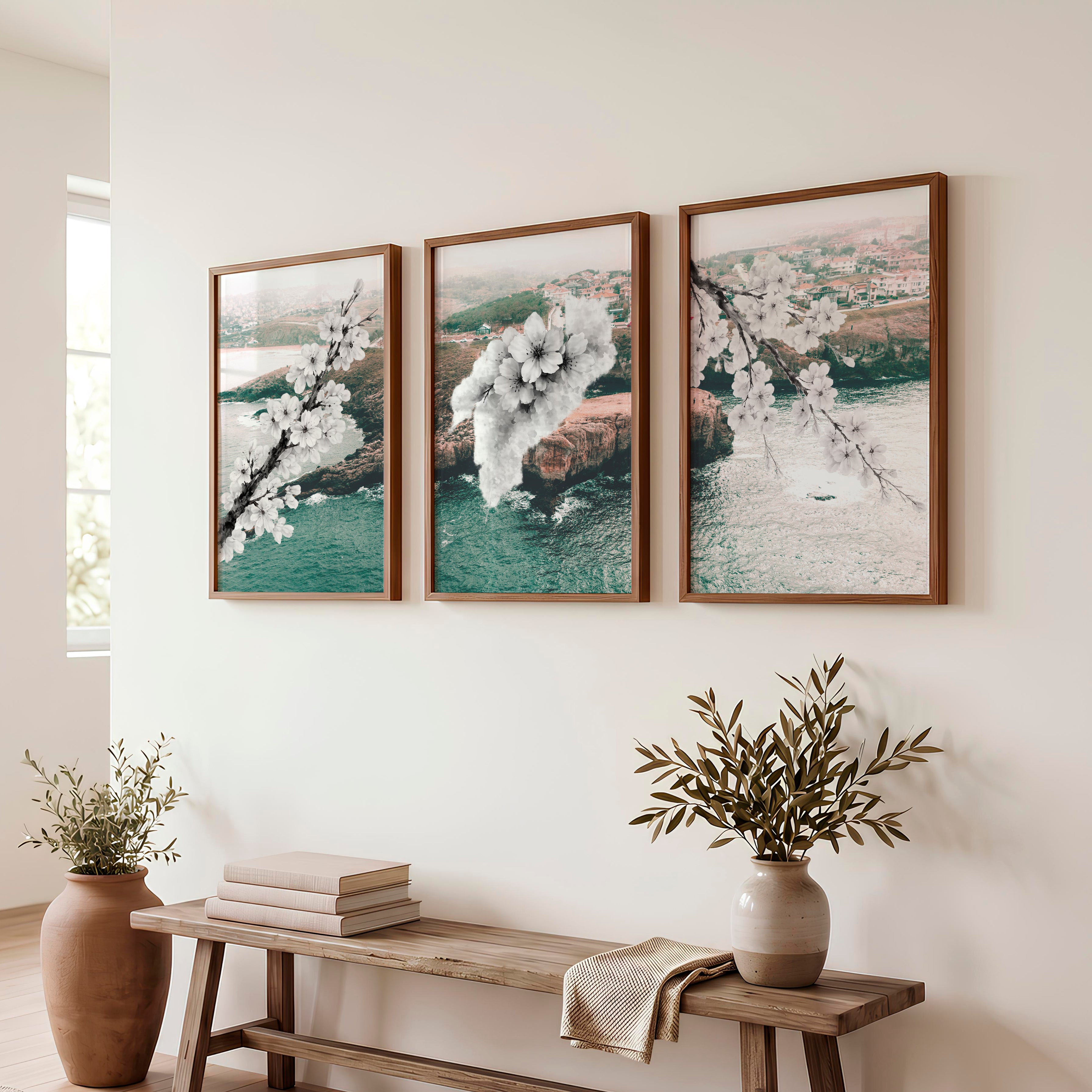 Cherry Blossom Branches japandi style decor - Dark Brown Framed Poster No Border - Artworksets