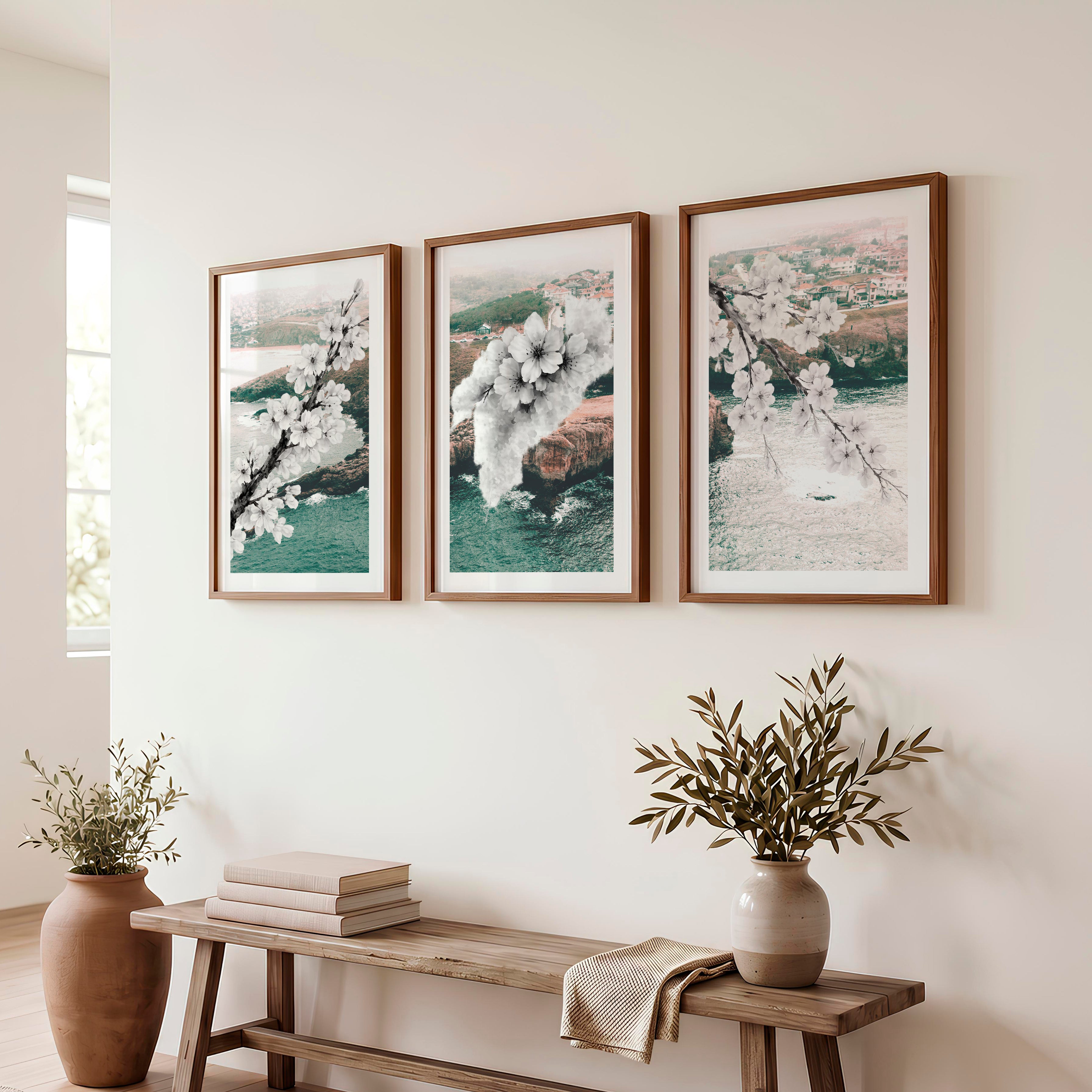 Cherry Blossom Branches japandi style decor - Dark Brown Framed Poster with White Border - Artworksets