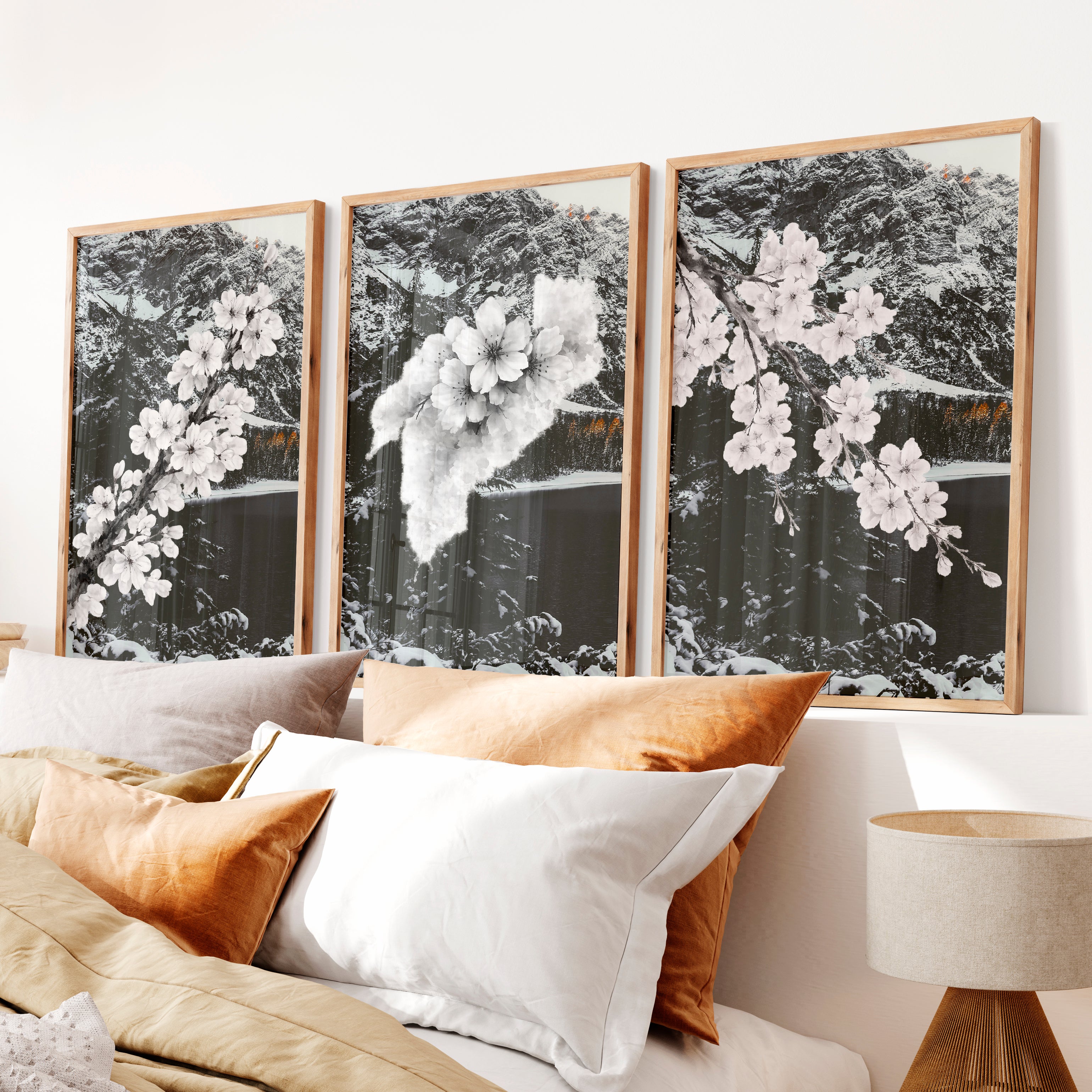 Cherry Blossom Branches japandi style decor - Natural Wood Framed Poster No Border - Artworksets