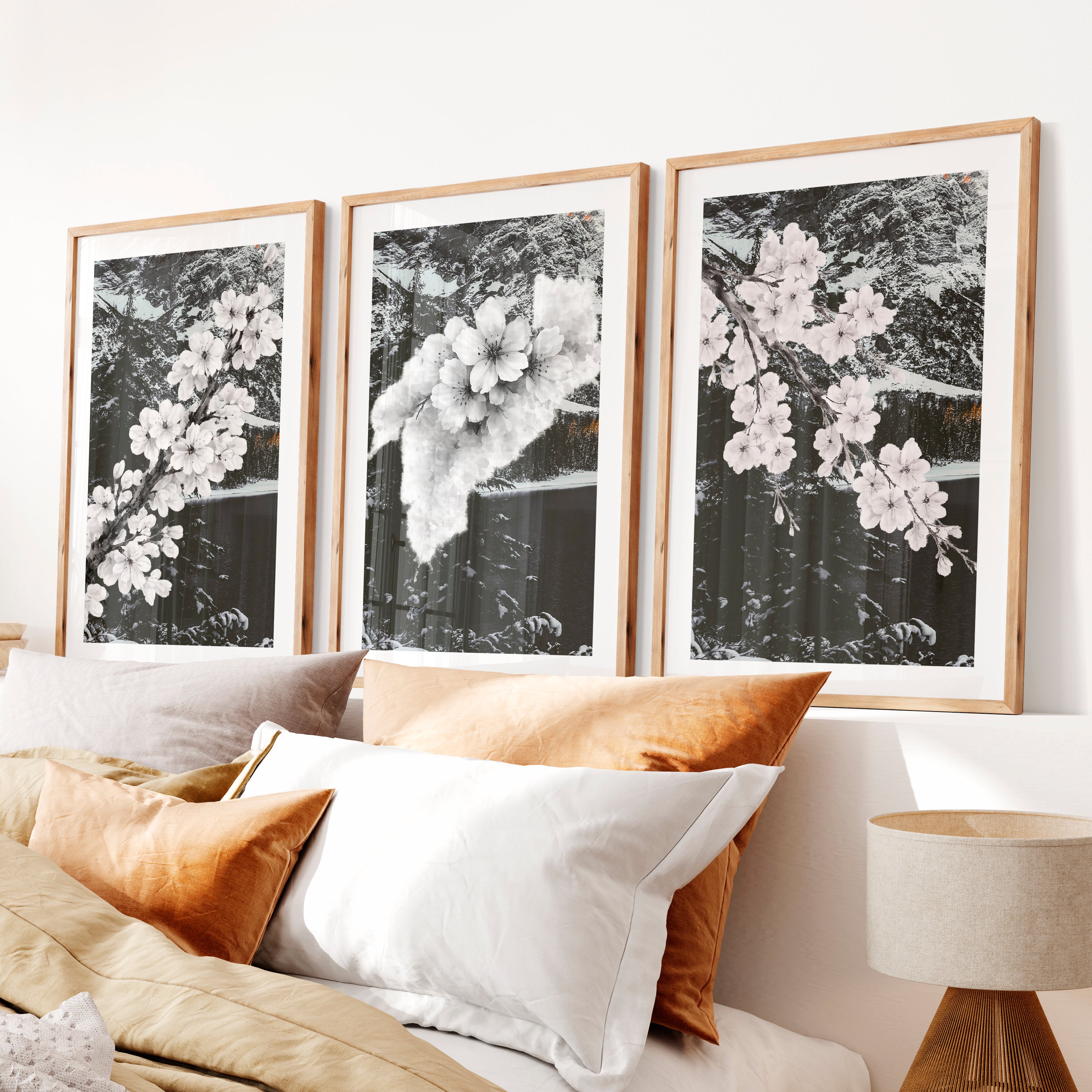 Cherry Blossom Branches japandi style decor- Natural Wood Framed Poster with White Border - Artworksets