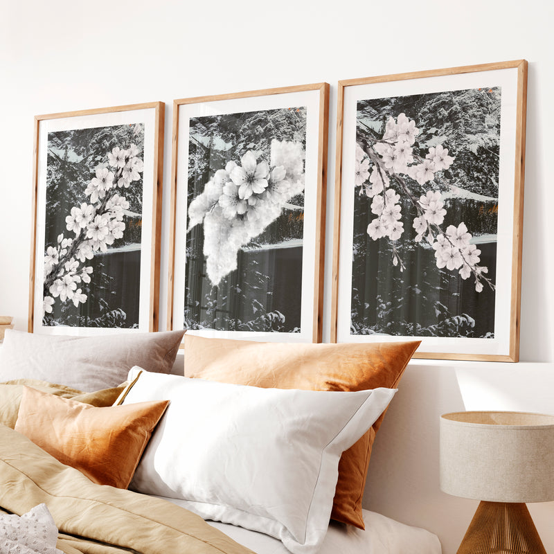 Cherry Blossom Branches japandi style decor- Natural Wood Framed Poster with White Border - Artworksets