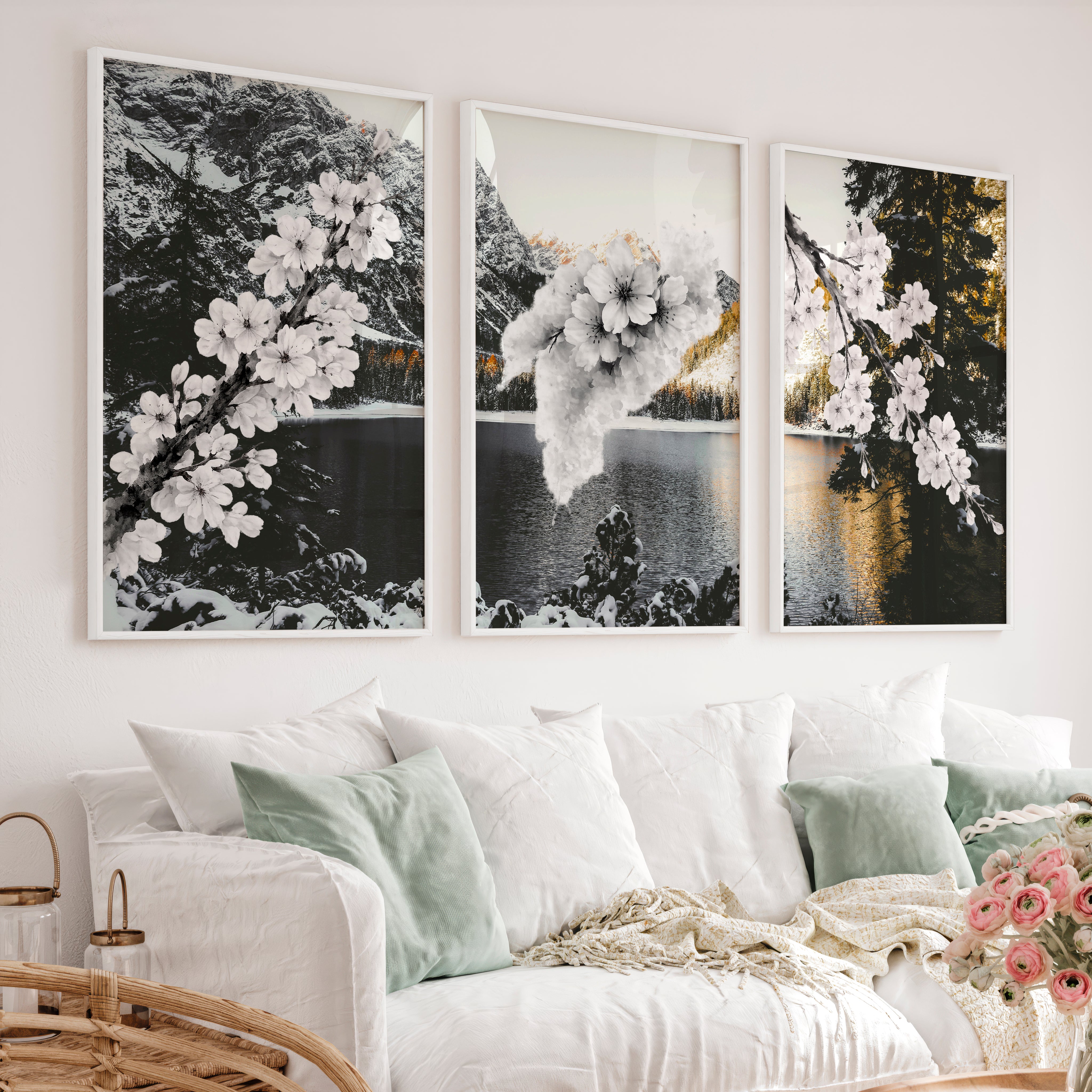 Cherry Blossom Branches japandi style decor - White Framed Poster No Border - Artworksets