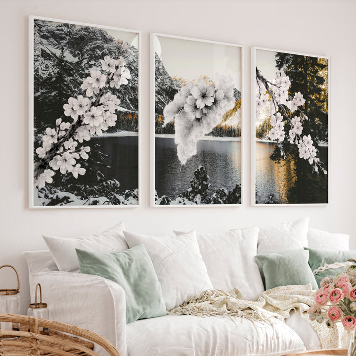 Cherry Blossom Branches japandi style decor - White Framed Poster No Border - Artworksets