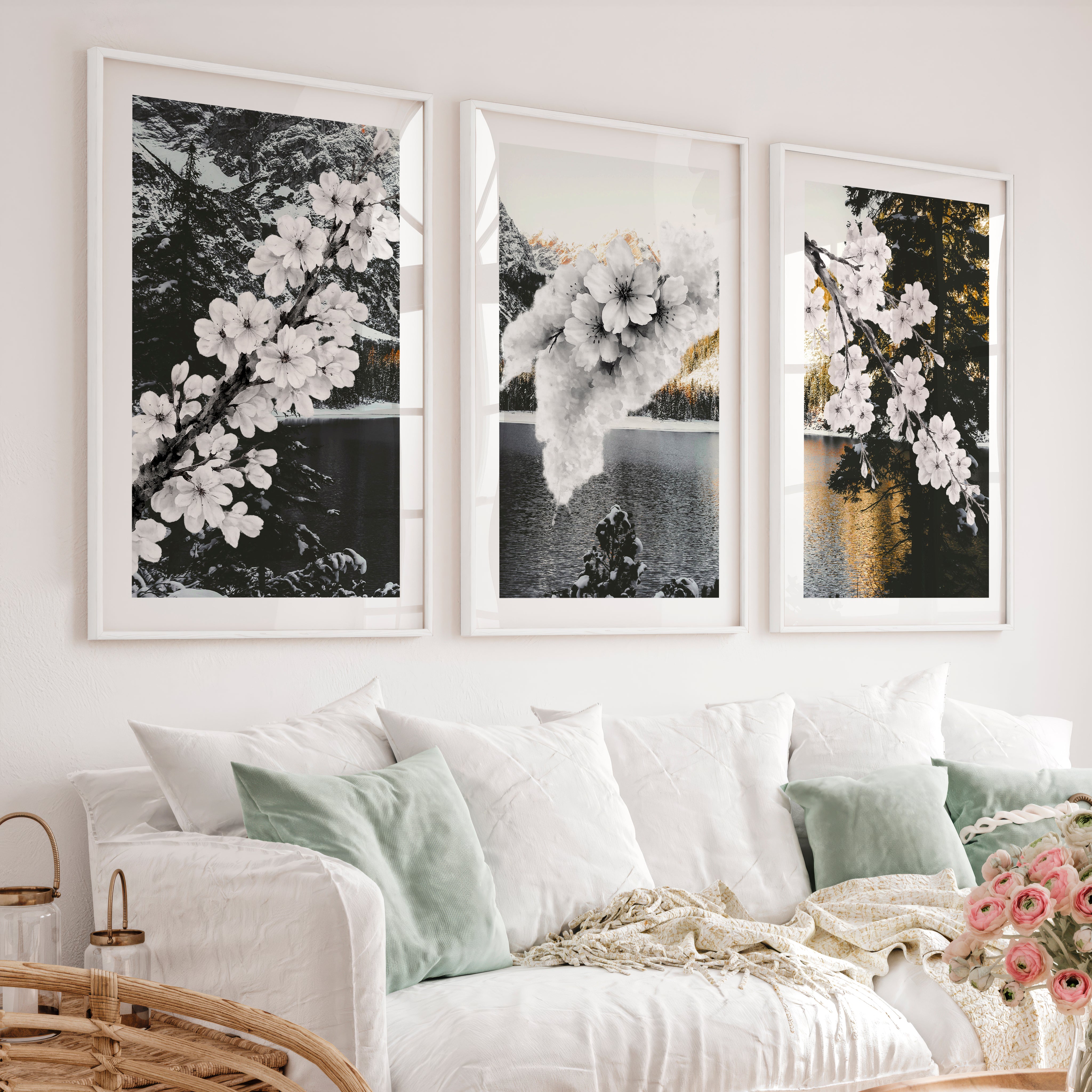 Cherry Blossom Branches japandi style decor - White Framed Poster with White Border - Artworksets