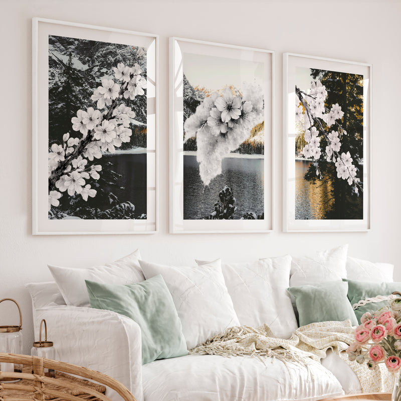 Cherry Blossom Branches japandi style decor - White Framed Poster with White Border - Artworksets