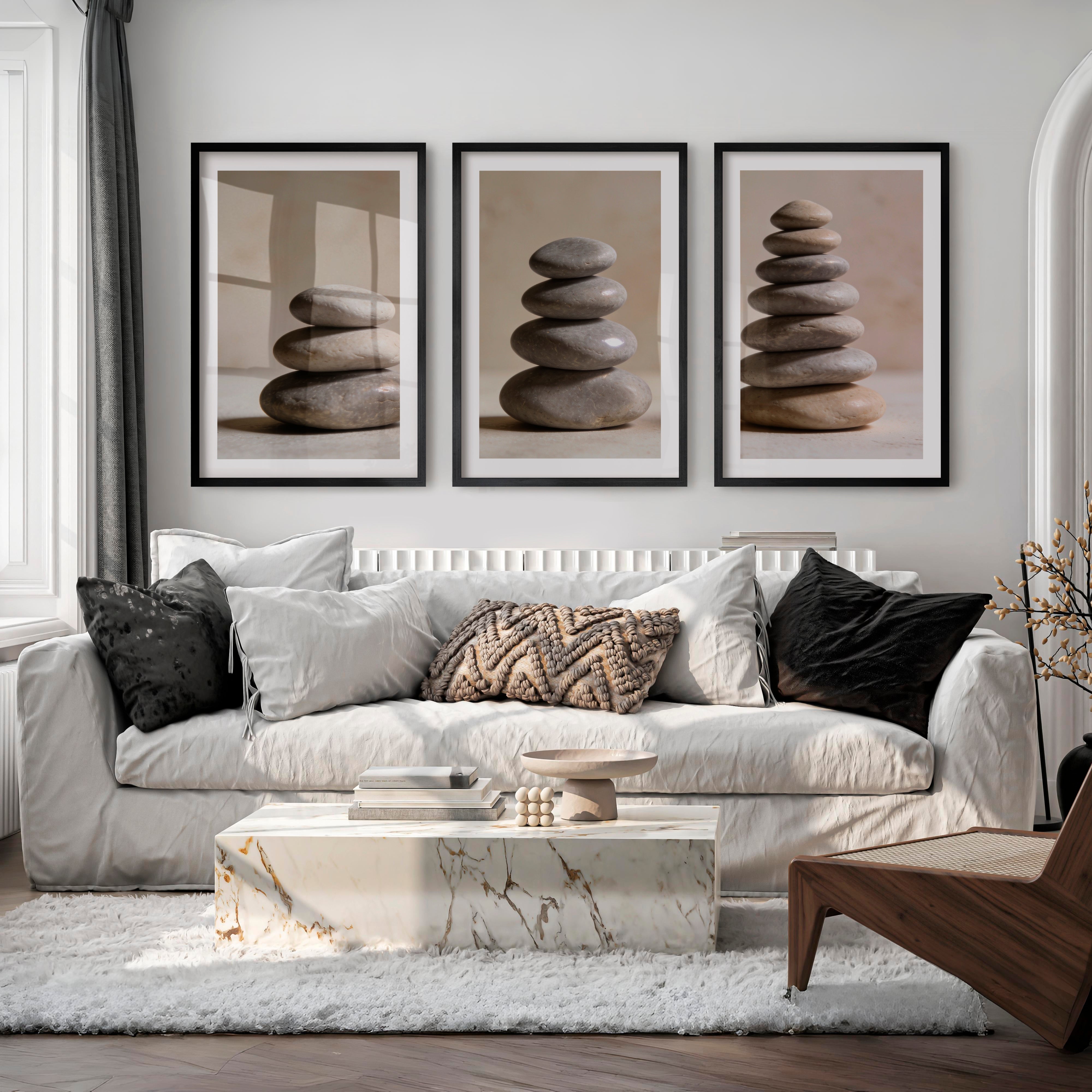 Balanced Stone japandi style decor Wall Art - Black Framed Poster with White Border - Artworksets