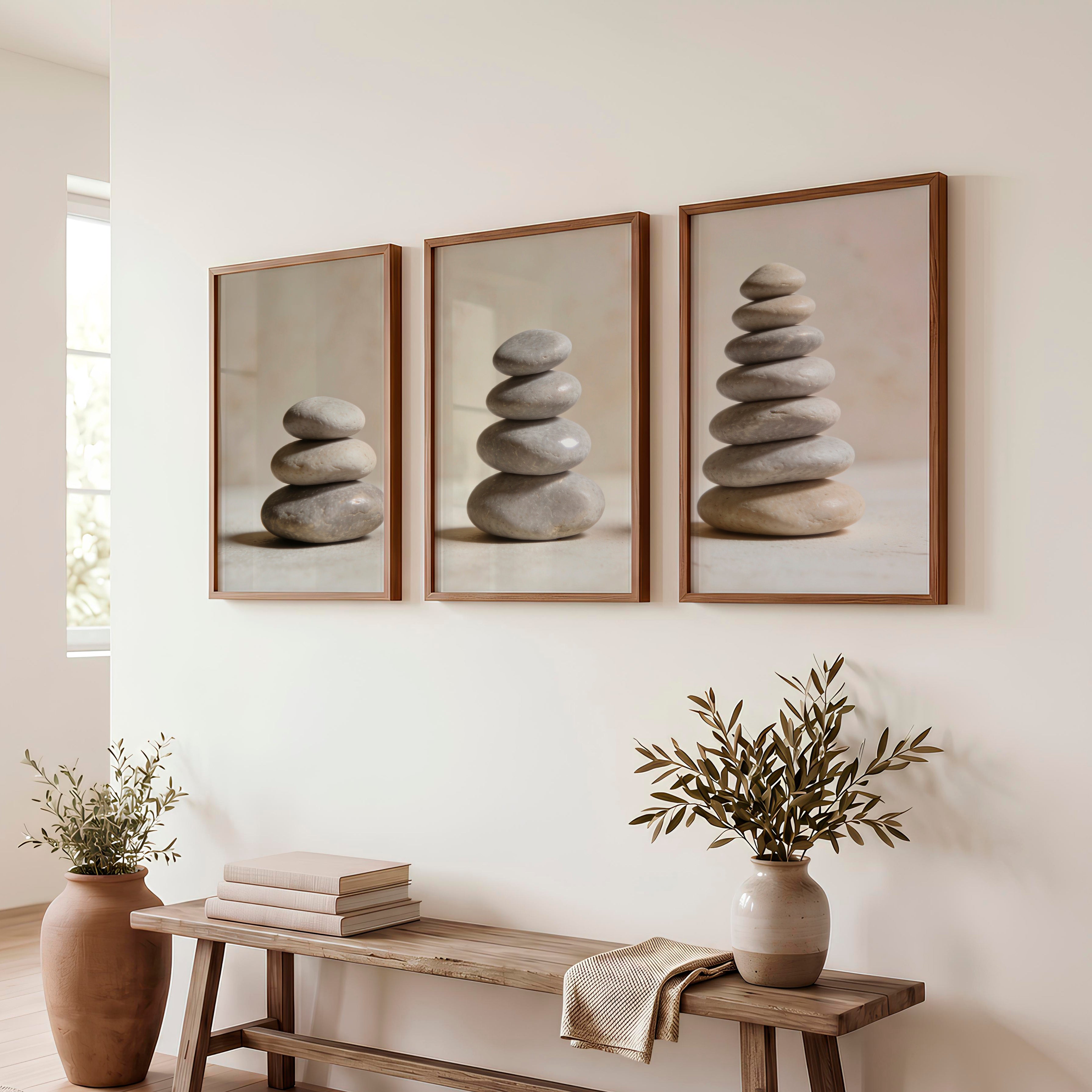 Balanced Stone japandi style decor Wall Art - Dark Brown Framed Poster No Border - Artworksets