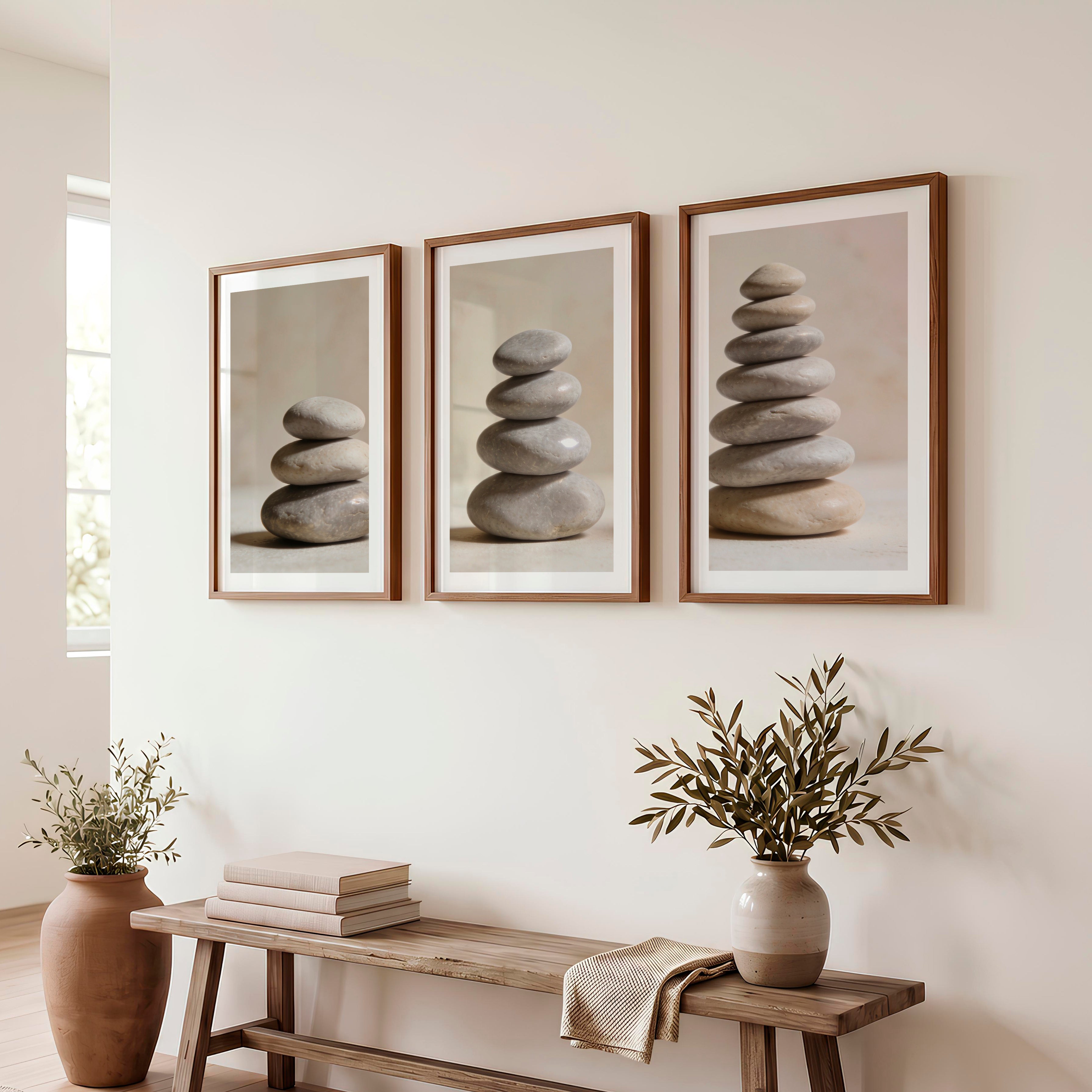 Balanced Stone japandi style decor Wall Art - Dark Brown Framed Poster with White Border - Artworksets
