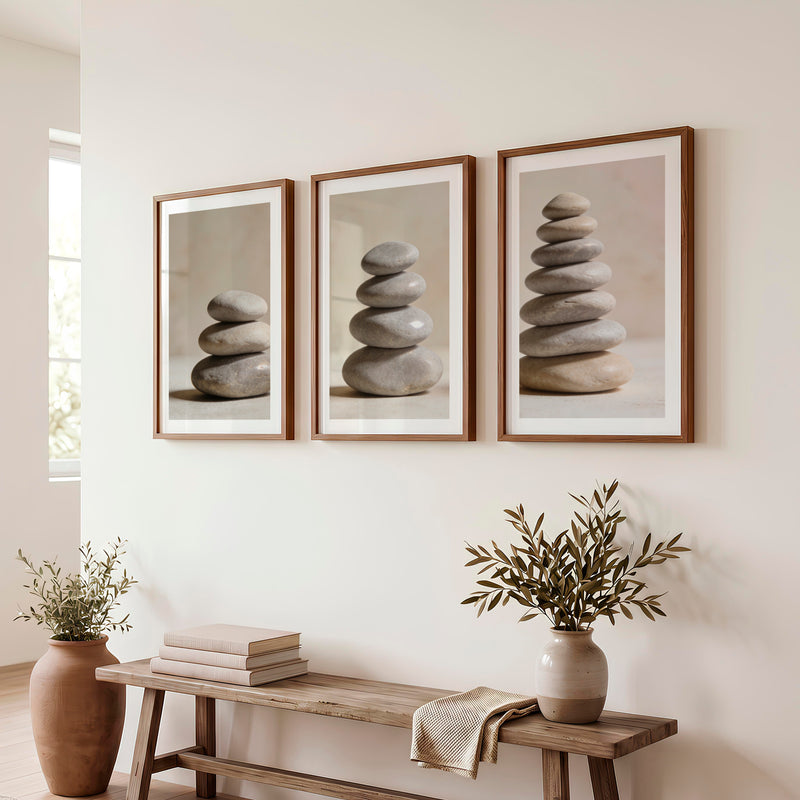 Balanced Stone japandi style decor Wall Art - Dark Brown Framed Poster with White Border - Artworksets