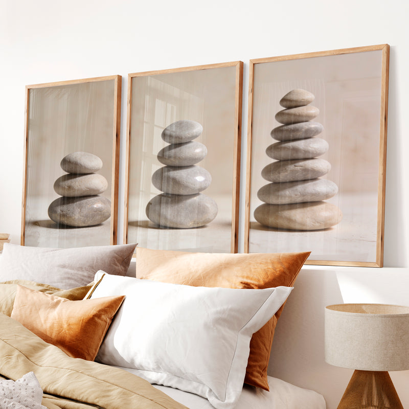 Balanced Stone japandi style decor Wall Art - Natural Wood Framed Poster No Border - Artworksets
