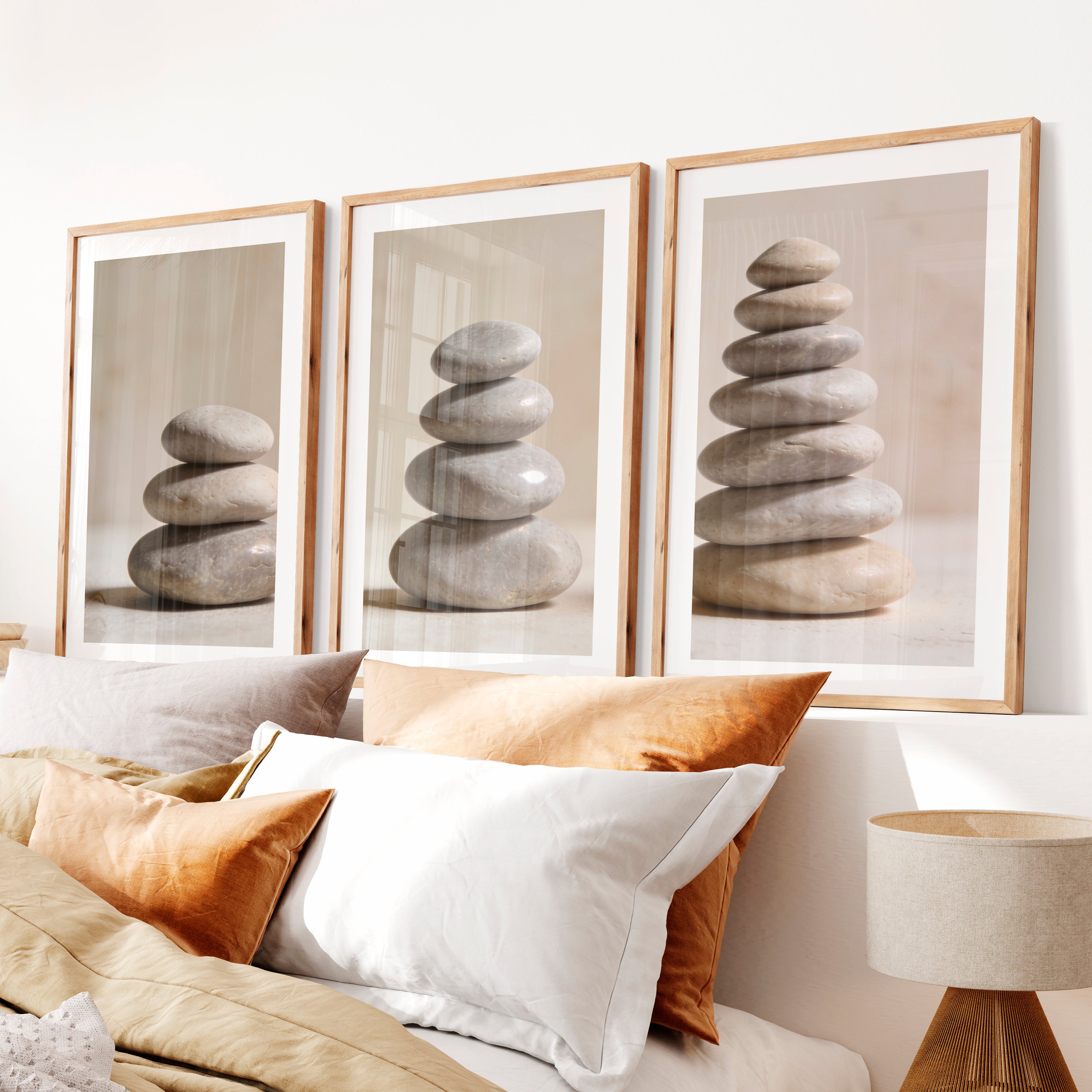 Balanced Stone japandi style decor Wall Art- Natural Wood Framed Poster with White Border - Artworksets