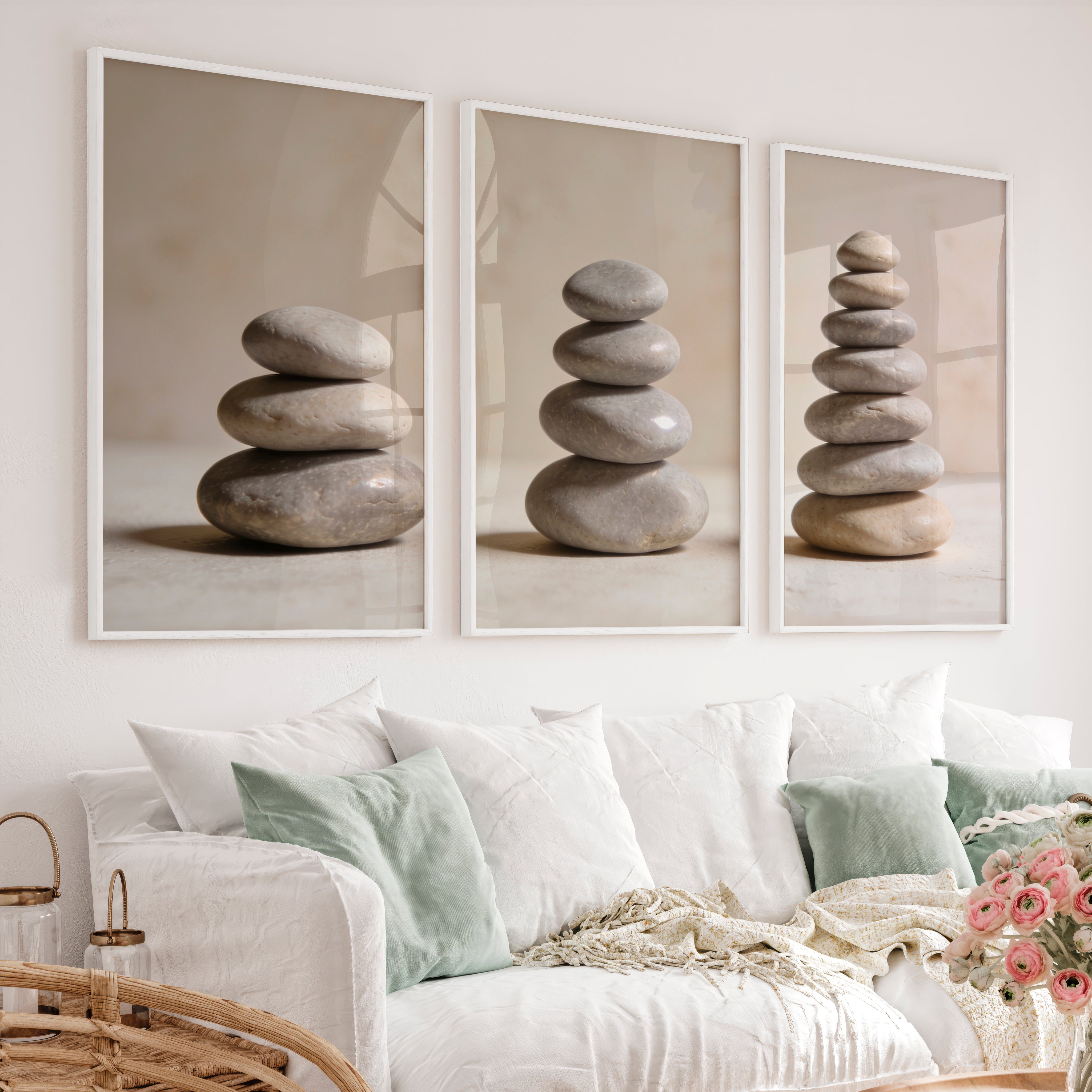 Balanced Stone japandi style decor Wall Art - White Framed Poster No Border - Artworksets