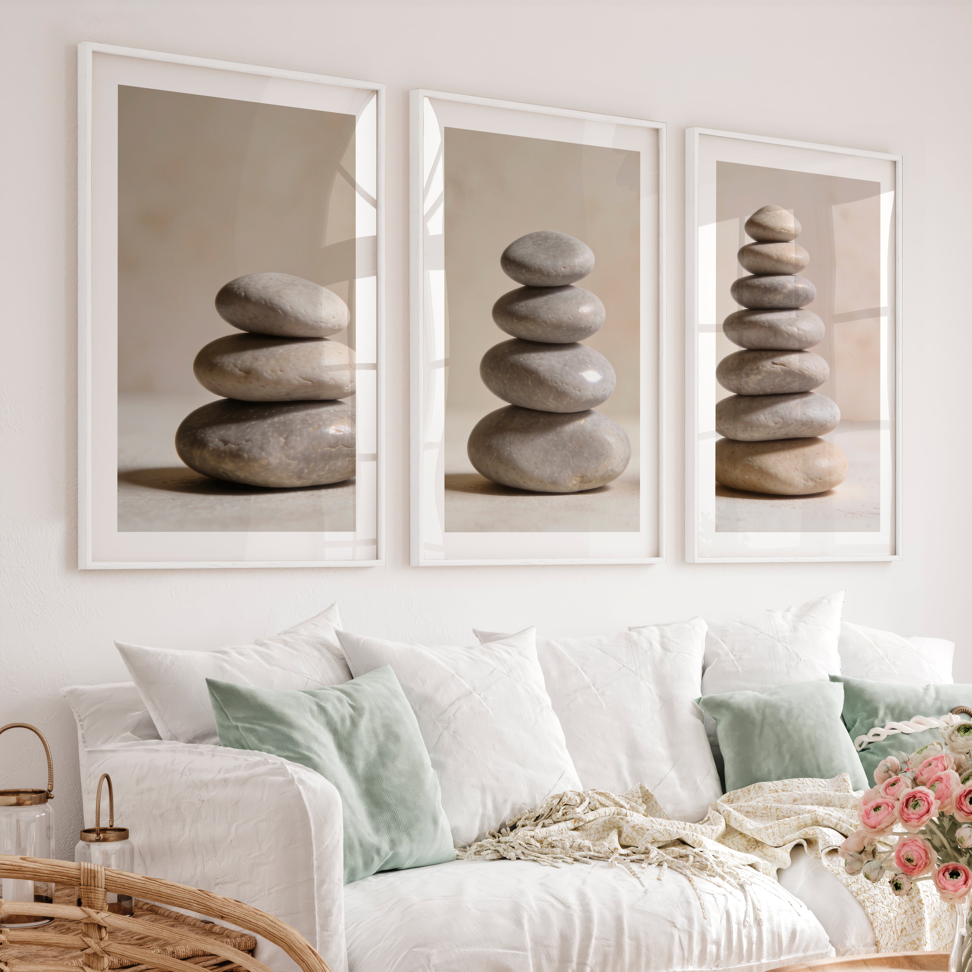 Balanced Stone japandi style decor Wall Art - White Framed Poster with White Border - Artworksets
