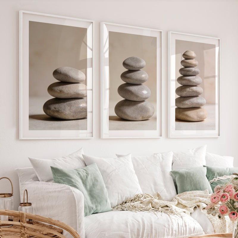 Balanced Stone japandi style decor Wall Art - White Framed Poster with White Border - Artworksets