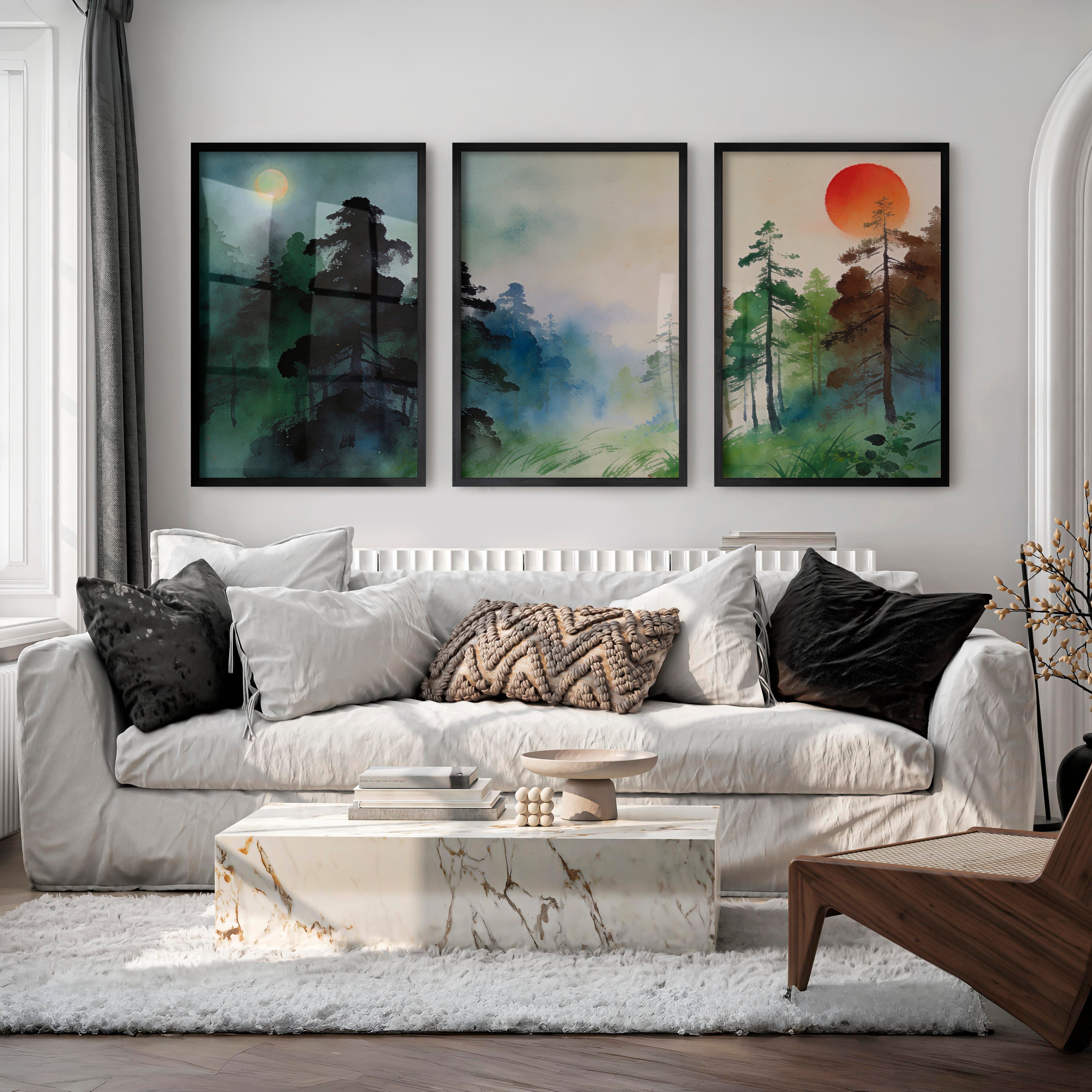 Misty Forest japandi style Print - Black Framed Poster No Border - Artworksets