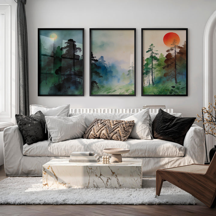 Misty Forest japandi style Print - Black Framed Poster No Border - Artworksets