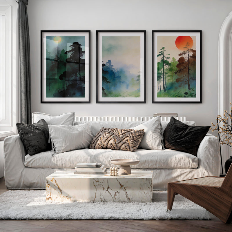 Misty Forest japandi style Print - Black Framed Poster with White Border - Artworksets