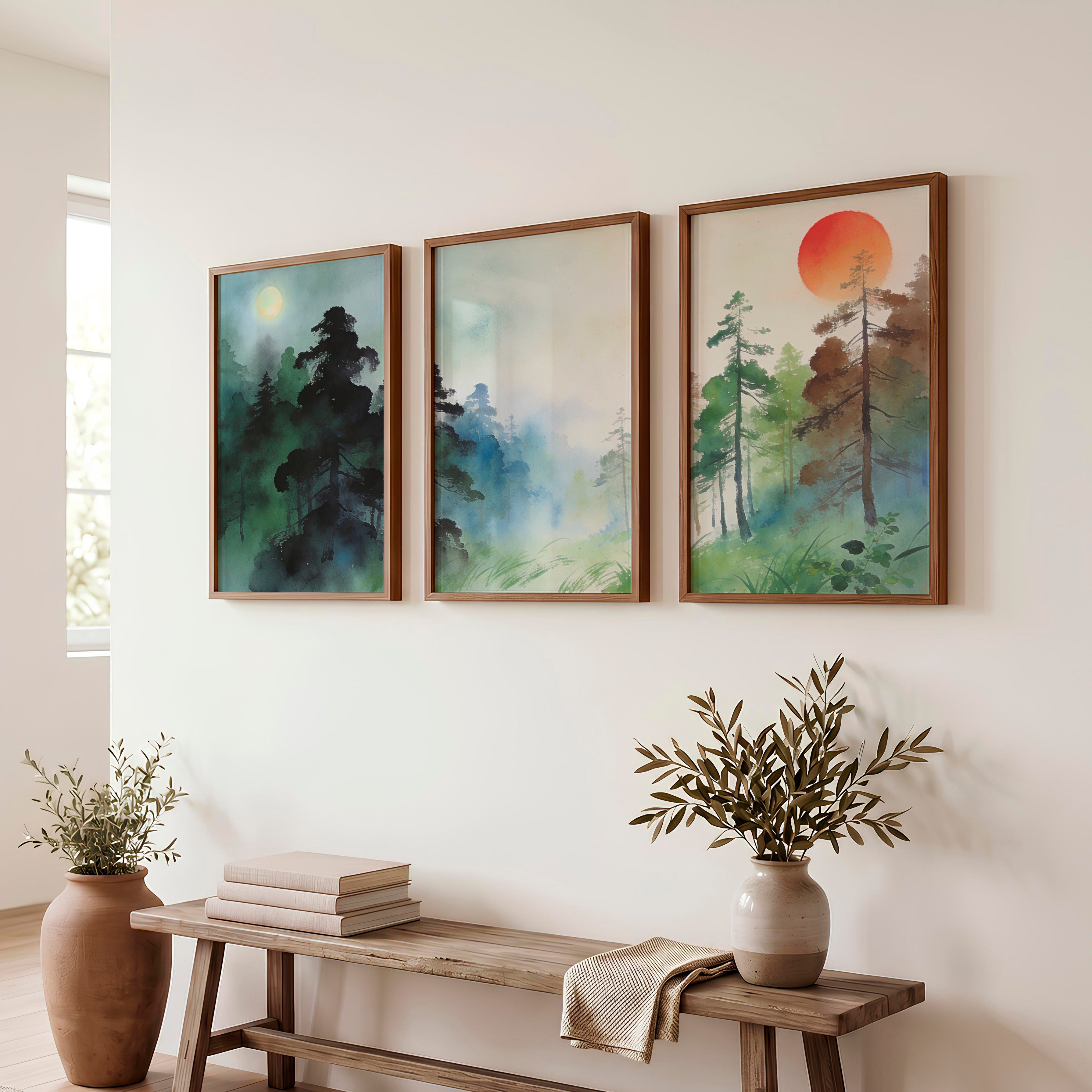 Misty Forest japandi style Print - Dark Brown Framed Poster No Border - Artworksets
