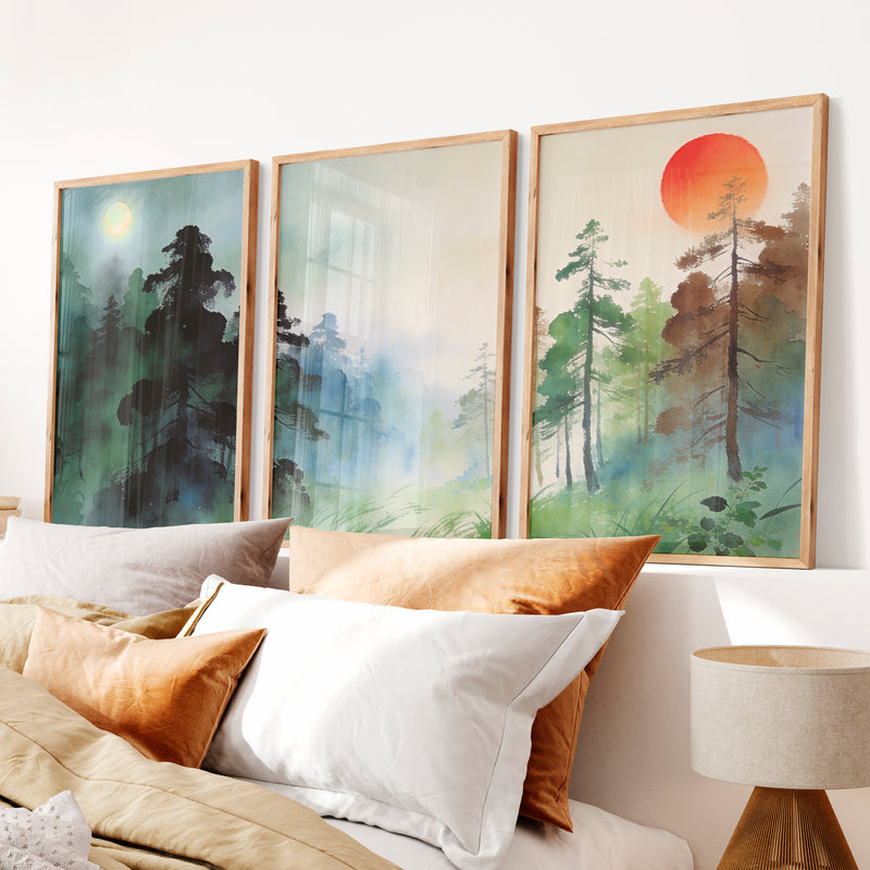 Misty Forest japandi style Print - Natural Wood Framed Poster No Border - Artworksets