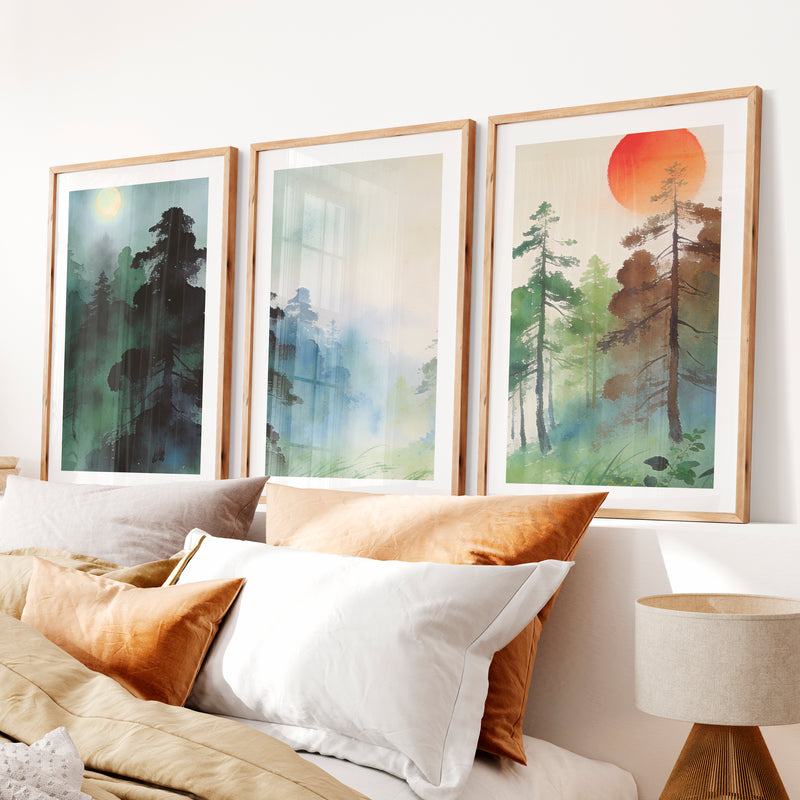 Misty Forest japandi style Print- Natural Wood Framed Poster with White Border - Artworksets