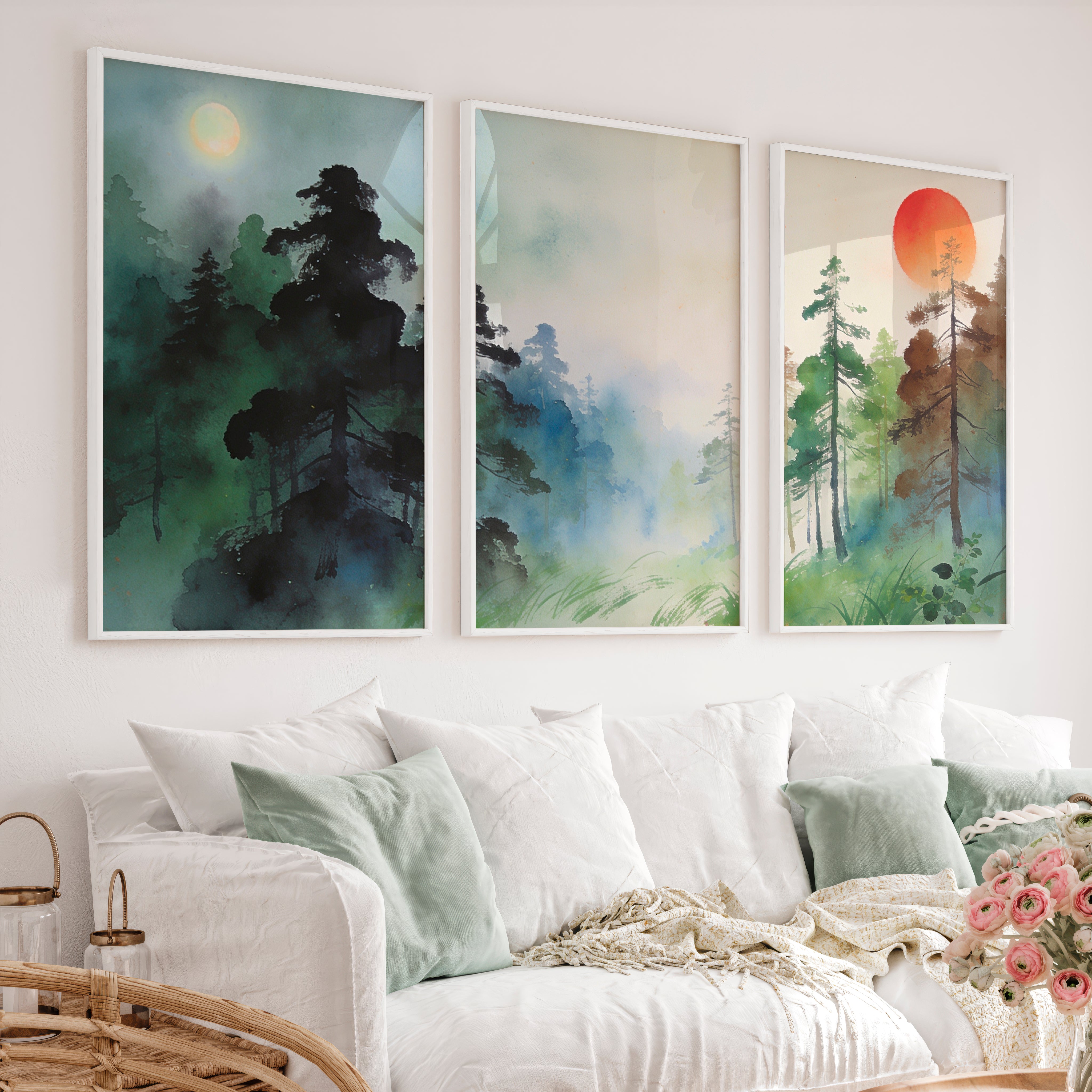 Misty Forest japandi style Print - White Framed Poster No Border - Artworksets