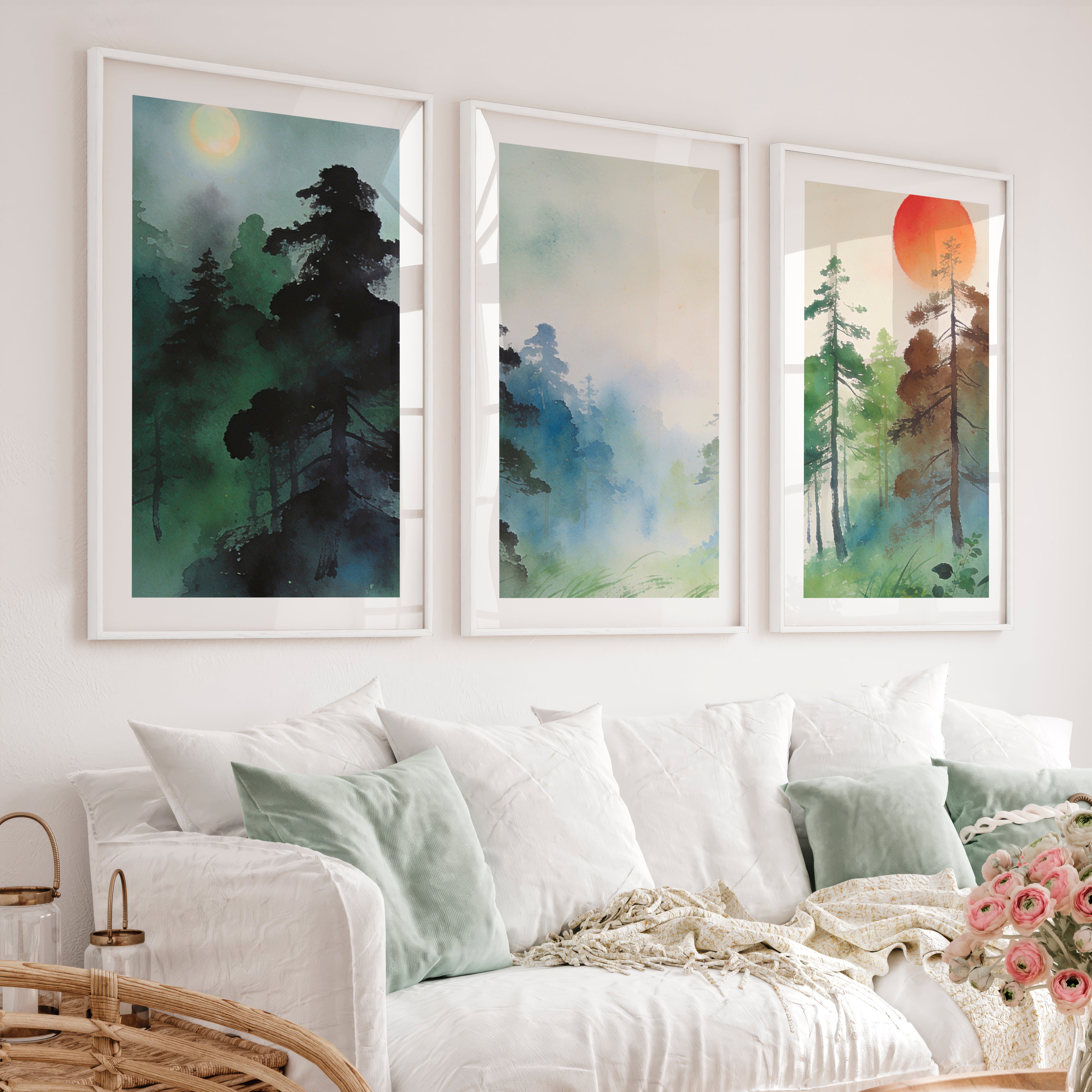 Misty Forest japandi style Print - White Framed Poster with White Border - Artworksets